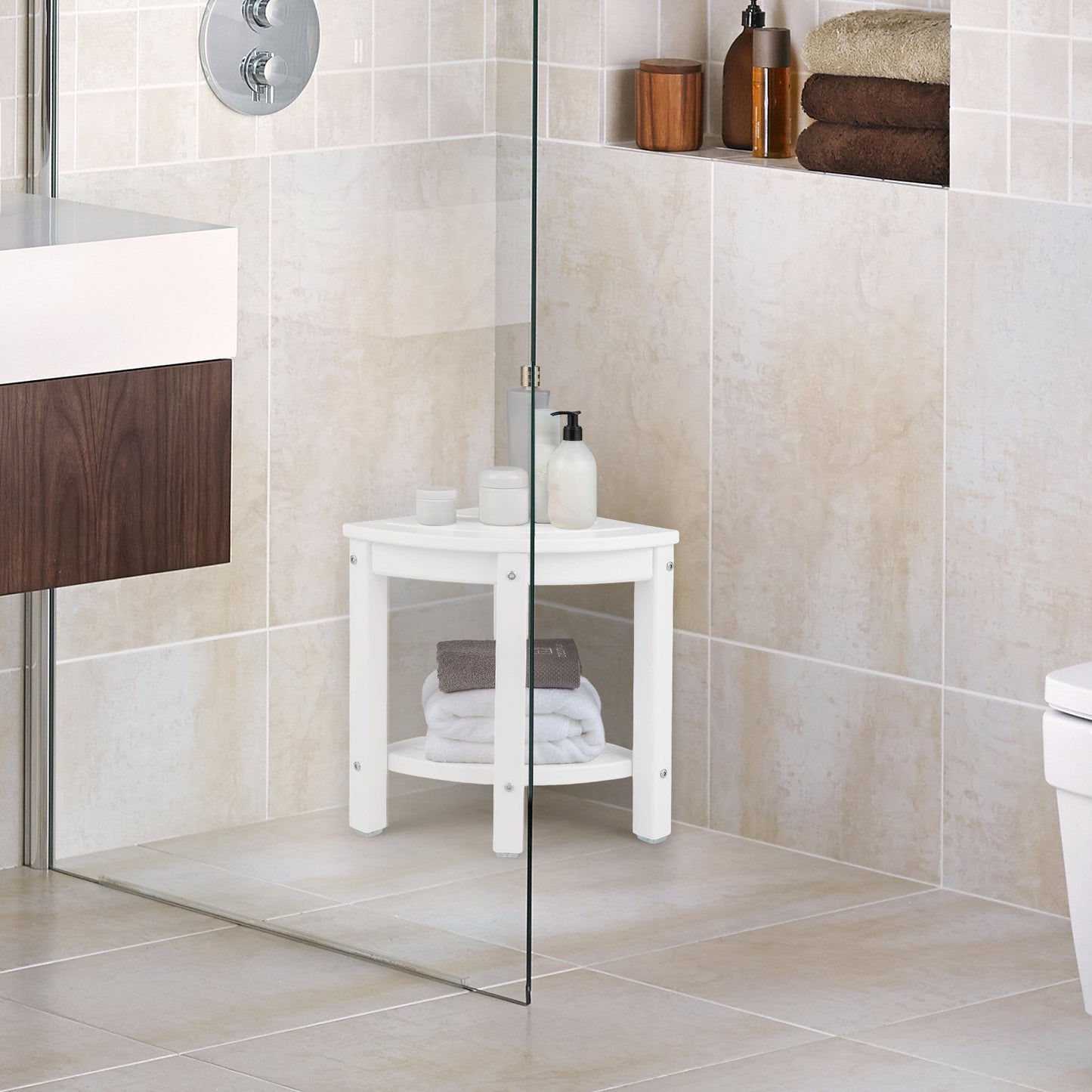 Heavy Duty Corner Shower Bench Stool with Storage Shelf-Brown
