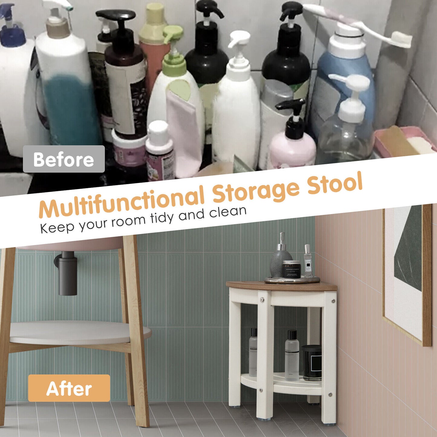 Heavy Duty Corner Shower Bench Stool with Storage Shelf-Brown
