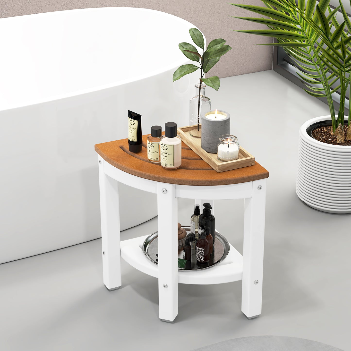 Heavy Duty Corner Shower Bench Stool with Storage Shelf-Brown