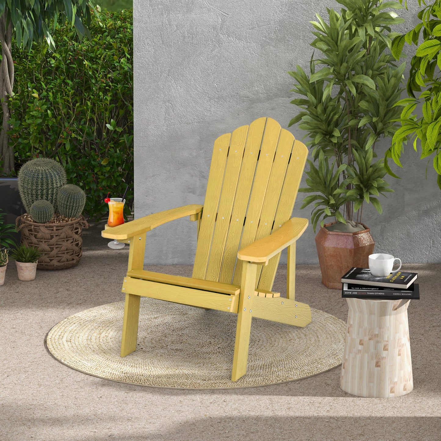 Weather Resistant HIPS Outdoor Adirondack Chair with Cup Holder-Black