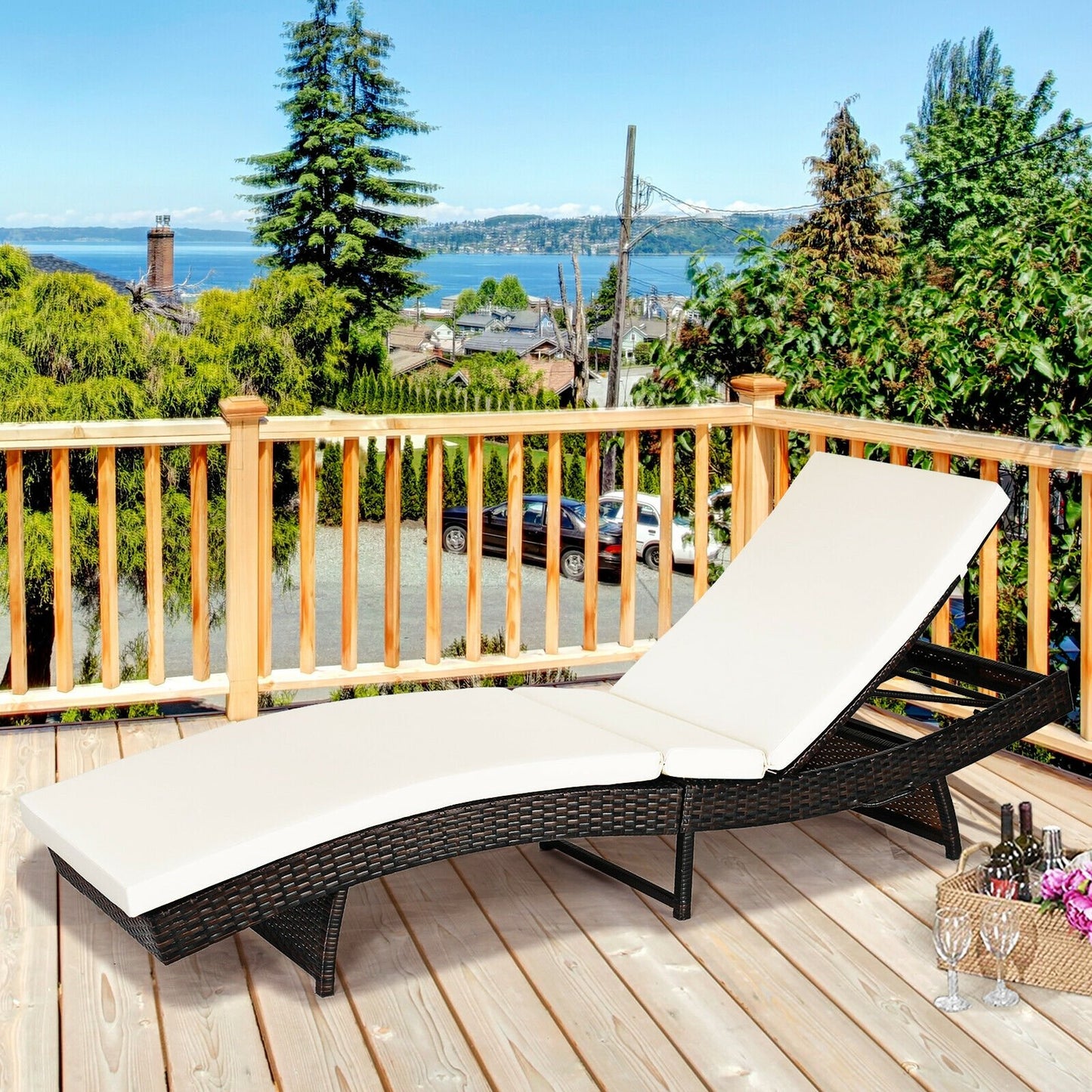 Patio Folding Adjustable Rattan Chaise Lounge Chair with Cushion-Turquoise