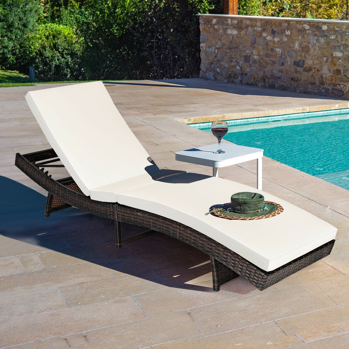 Patio Folding Adjustable Rattan Chaise Lounge Chair with Cushion-Turquoise
