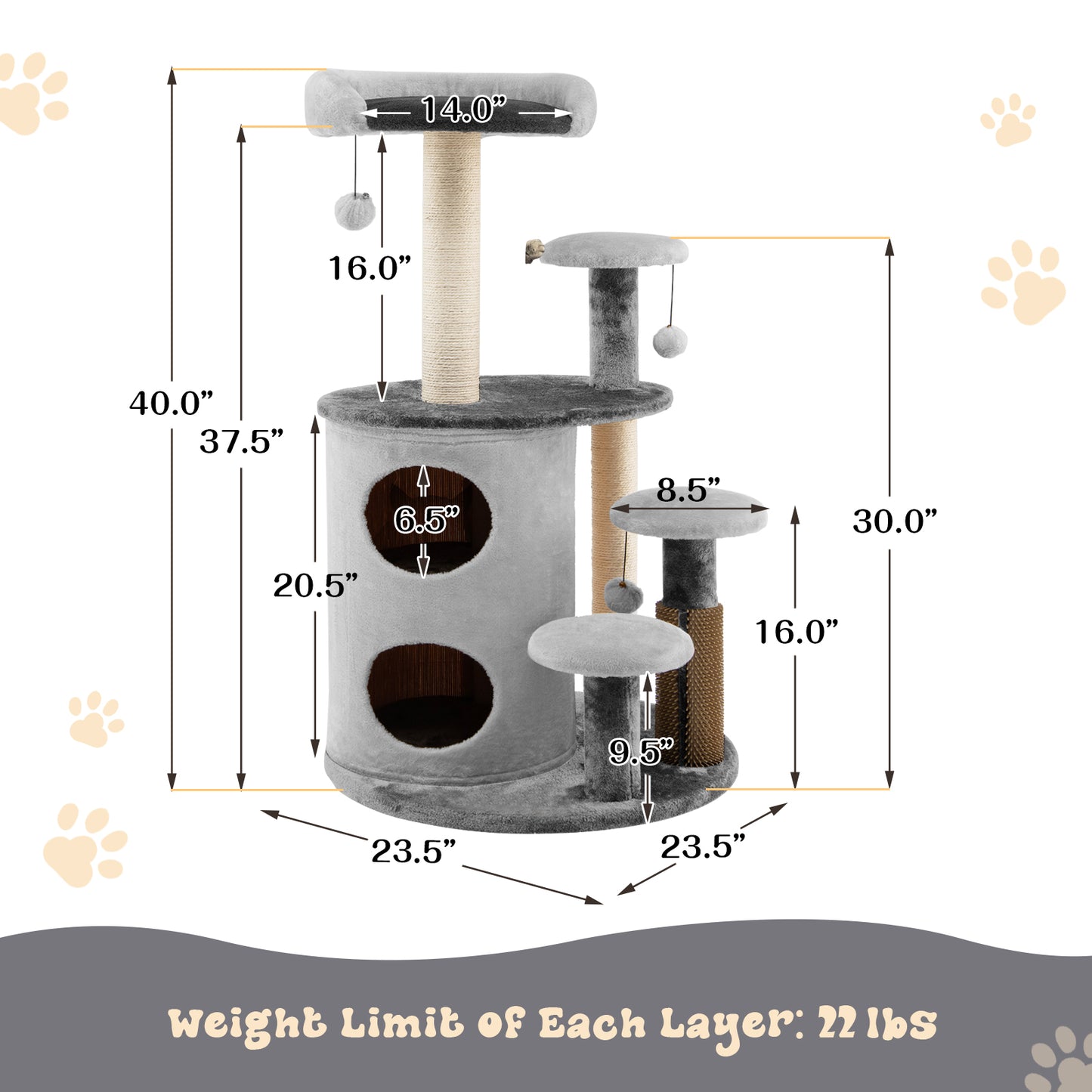 40 Inch Cat Tree Tower Multi-Level Activity Tree with 2-Tier Cat-Hole Condo-Gray