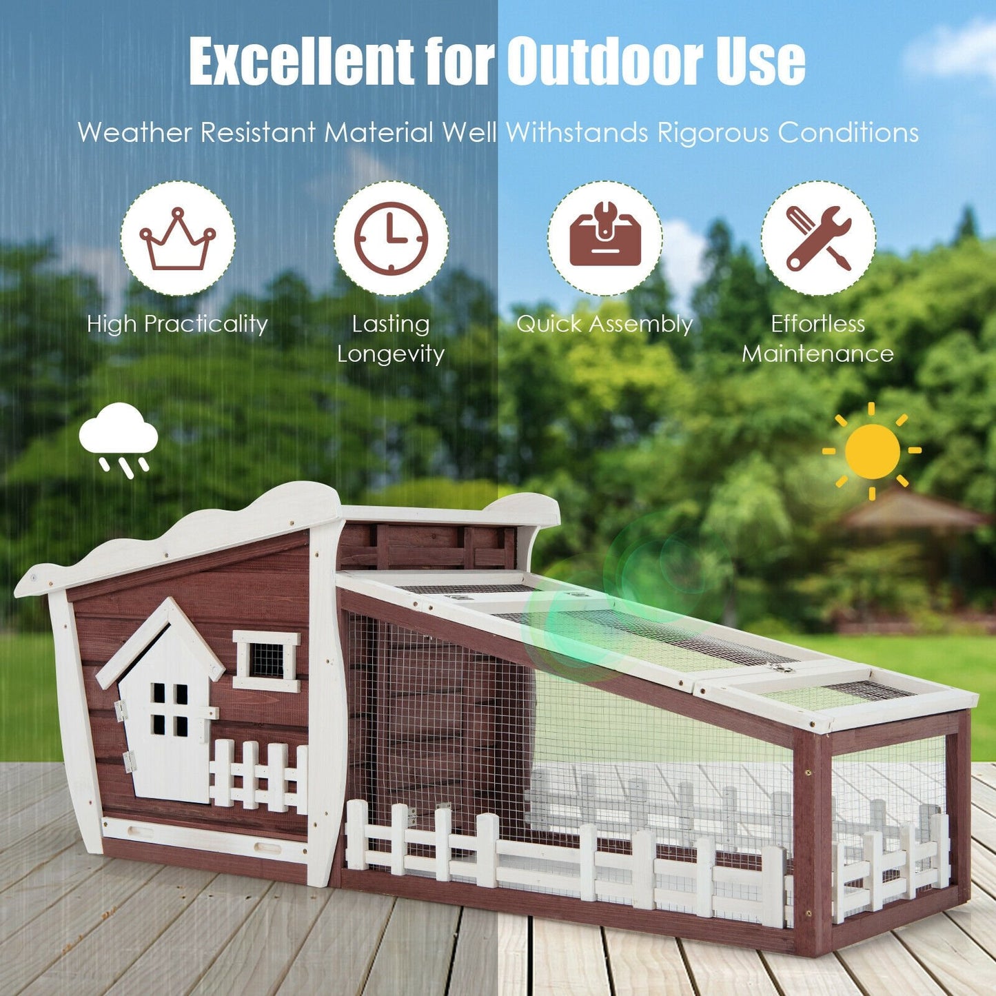 62 Inch Wooden Rabbit Hutch with Pull Out Tray-Green