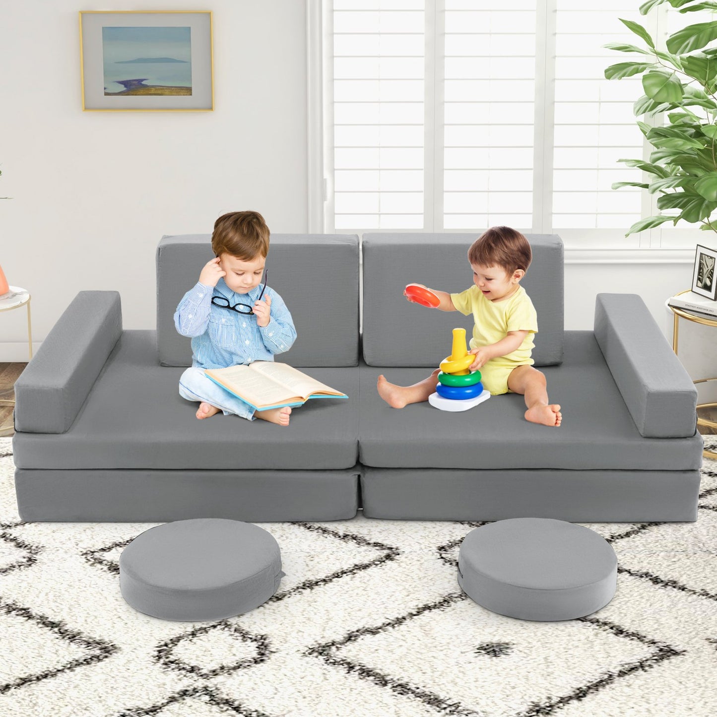 8-Piece Kids Play Couch Sofa with Portable Handle-Blue