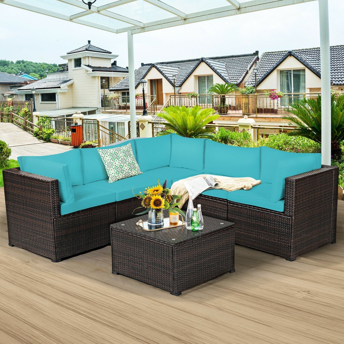 6 Pieces Patio Furniture Sofa Set with Cushions for Outdoor-Beige