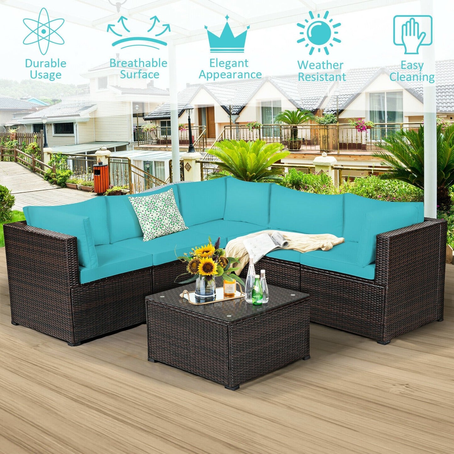 6 Pieces Patio Furniture Sofa Set with Cushions for Outdoor-Beige