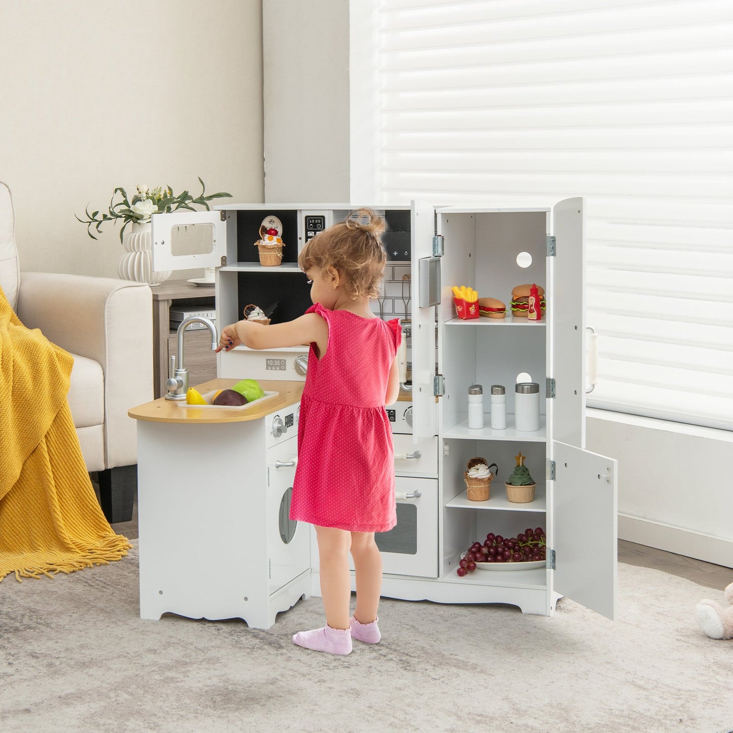 Wooden Kid's Corner Kitchen Playset with Stove for Toddlers-Natural & White