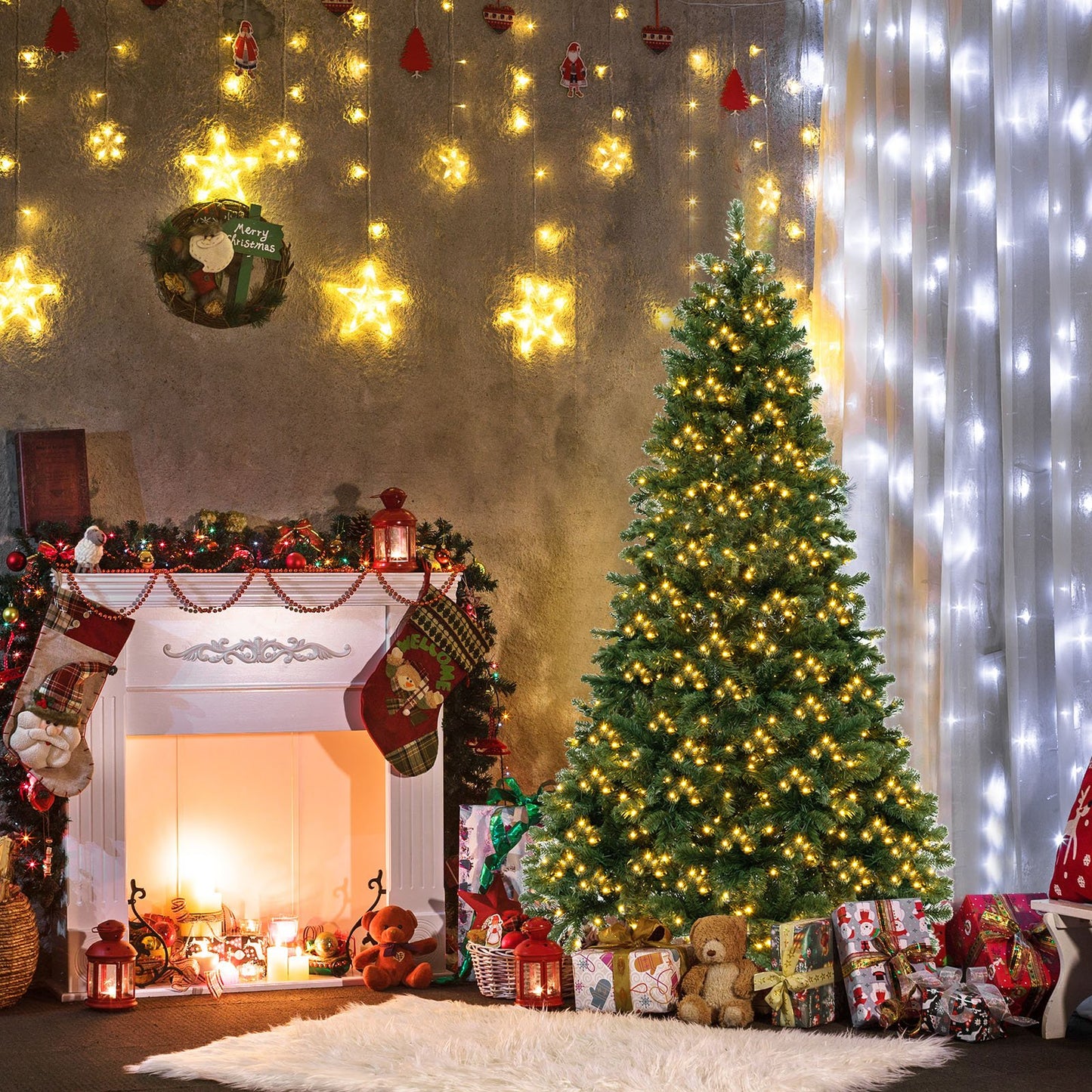 6/7/8 Feet Hinged Christmas Tree with PVC Branch Tips Warm White LED Lights-7 ft