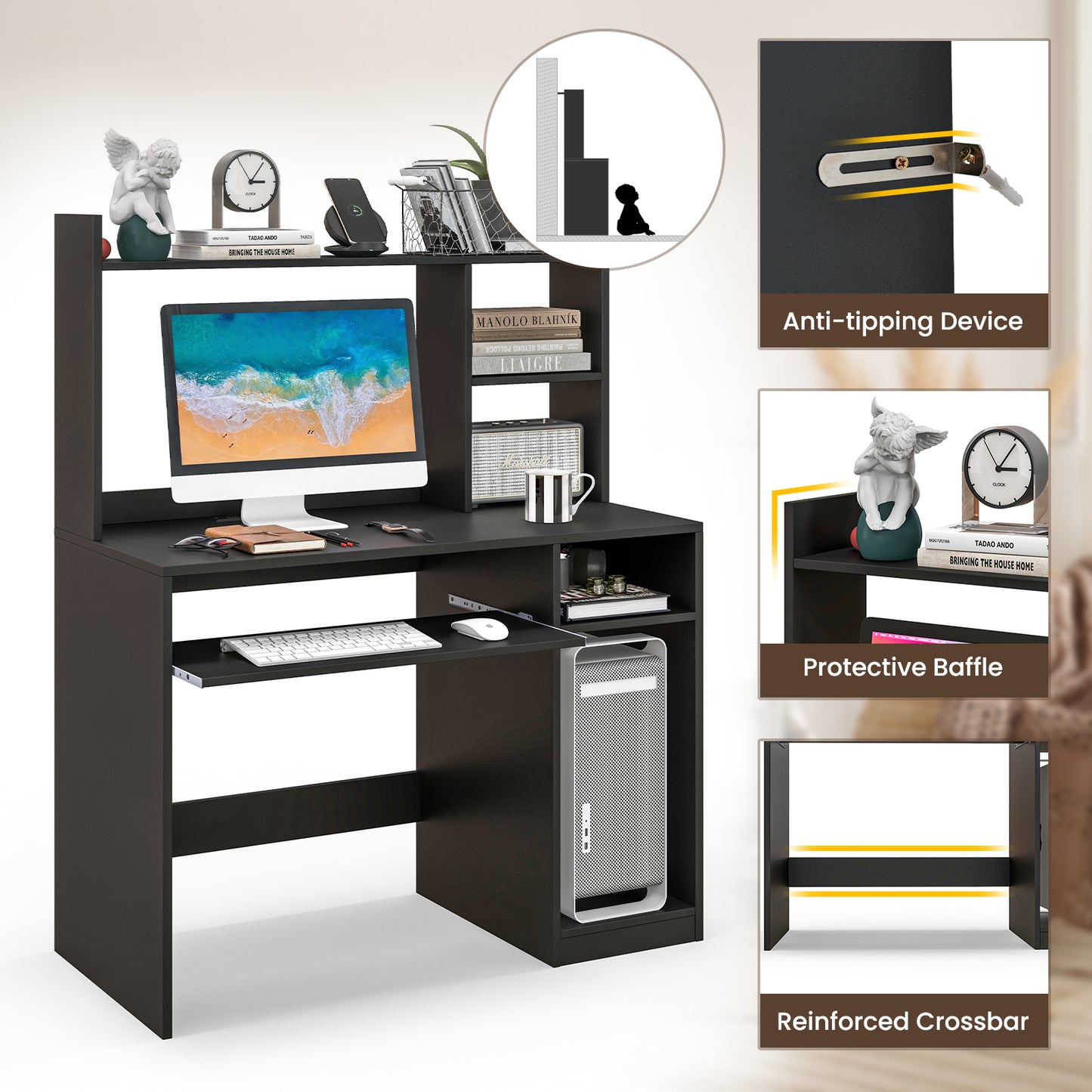 Home Office Computer Desk with Keyboard Tray and CPU Stand-Black