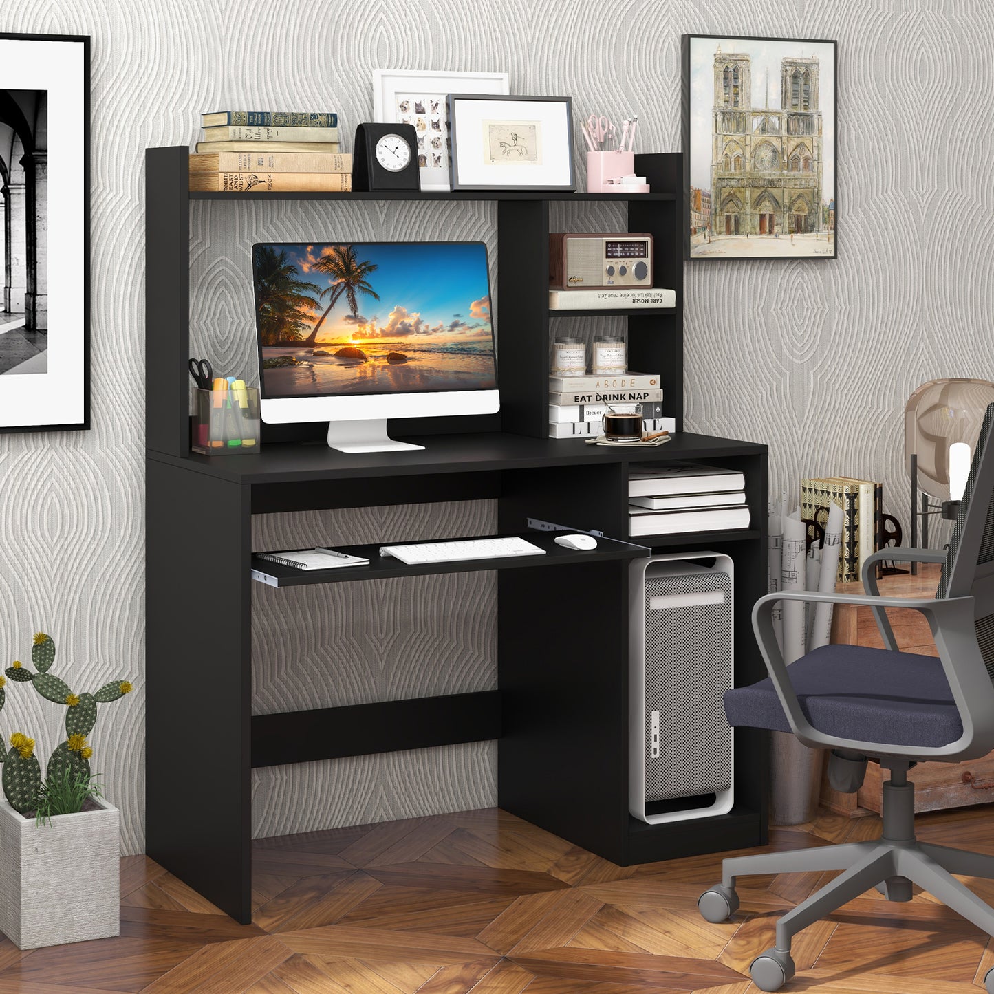 Home Office Computer Desk with Keyboard Tray and CPU Stand-Black