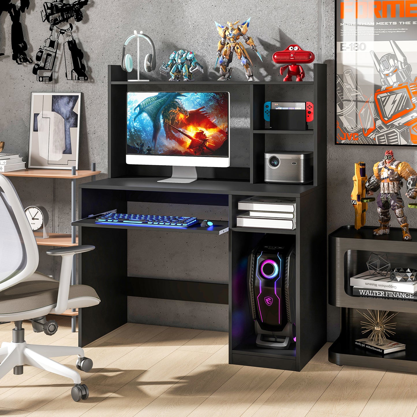 Home Office Computer Desk with Keyboard Tray and CPU Stand-Black