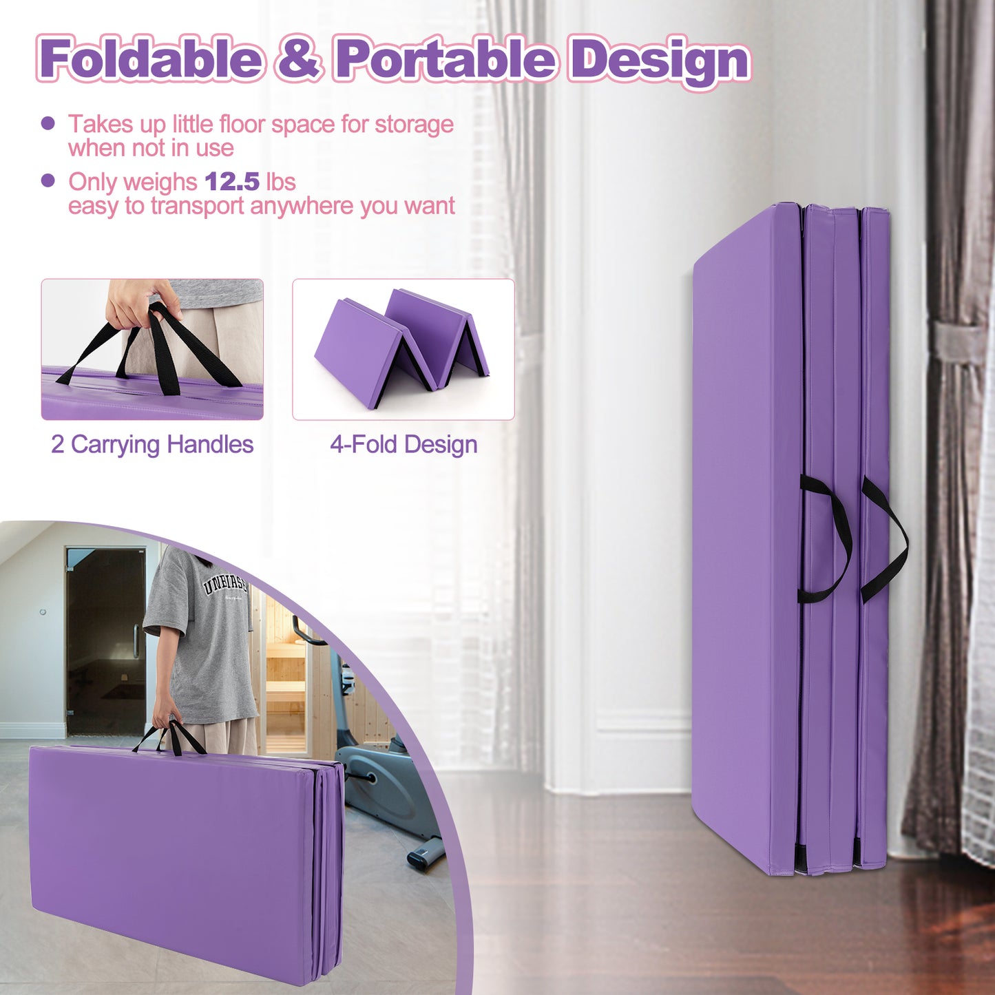 Folding Gymnastics Mat with Carry Handles and Sweatproof Detachable PU Leather Cover-Purple