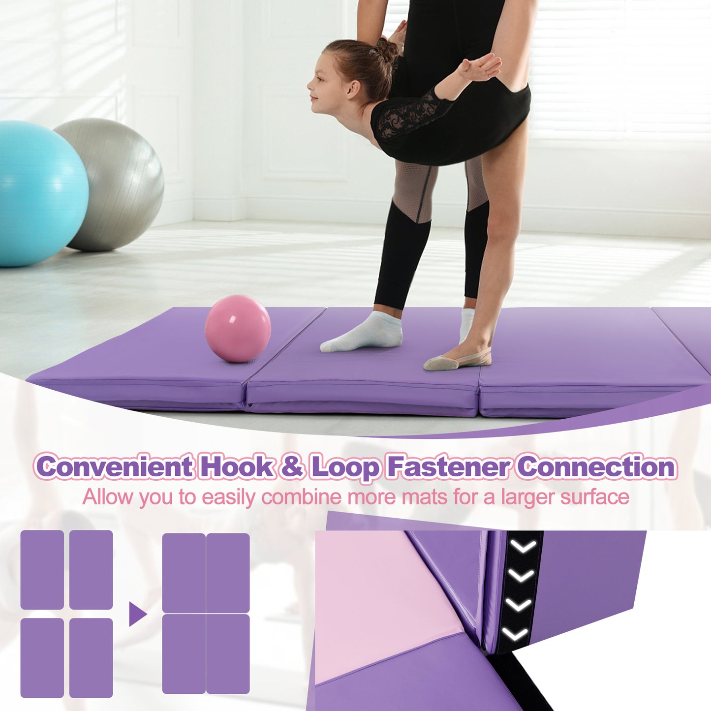 Folding Gymnastics Mat with Carry Handles and Sweatproof Detachable PU Leather Cover-Purple