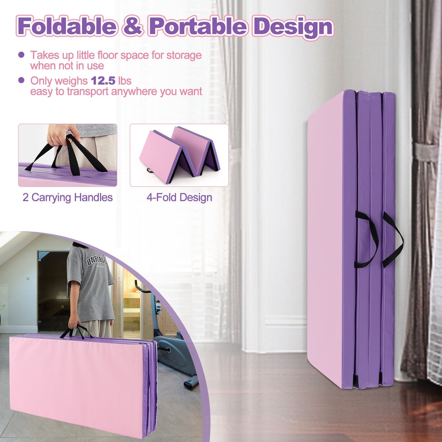 Folding Gymnastics Mat with Carry Handles and Sweatproof Detachable PU Leather Cover-Pink