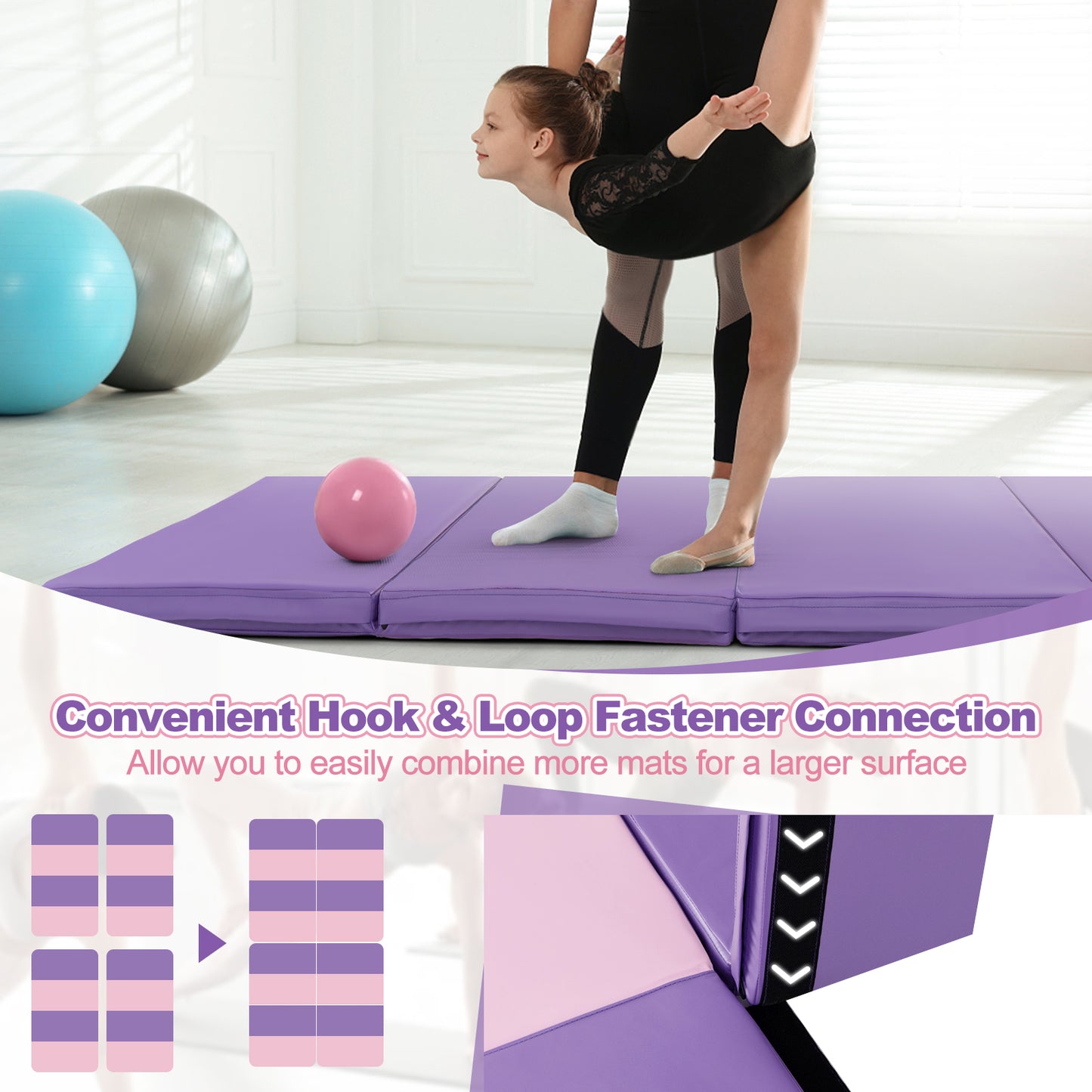 Folding Gymnastics Mat with Carry Handles and Sweatproof Detachable PU Leather Cover-Pink