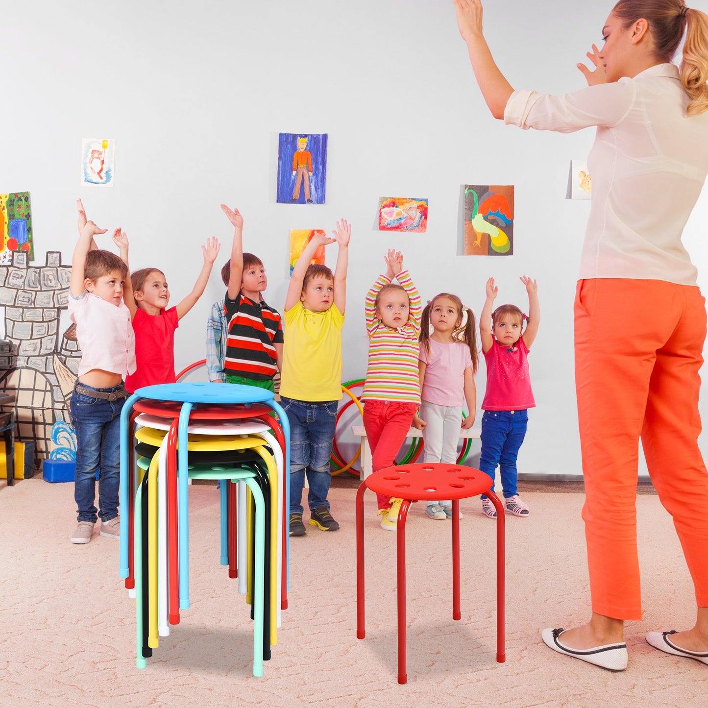 Set of 6 Portable Plastic Stack Stools -Black