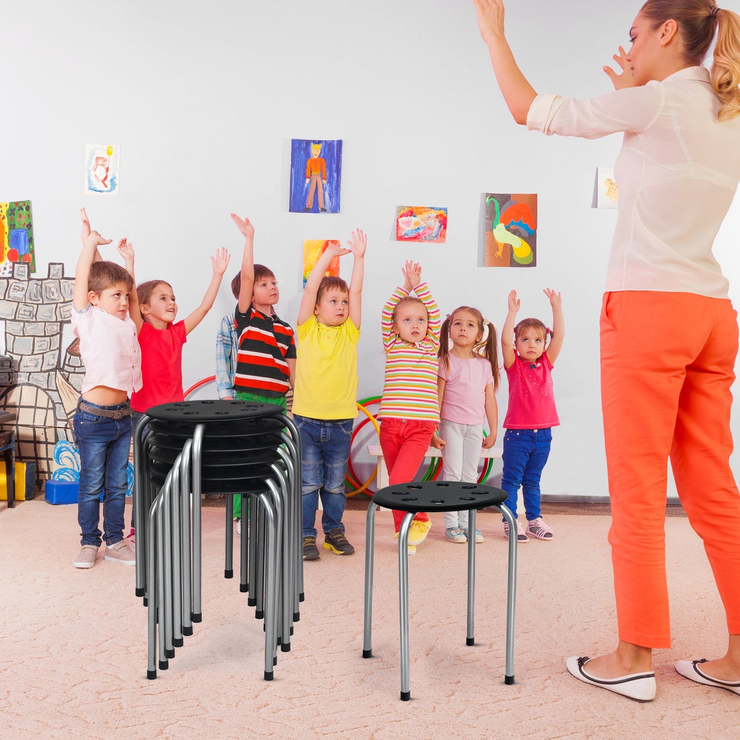 Set of 6 Portable Plastic Stack Stools -Black