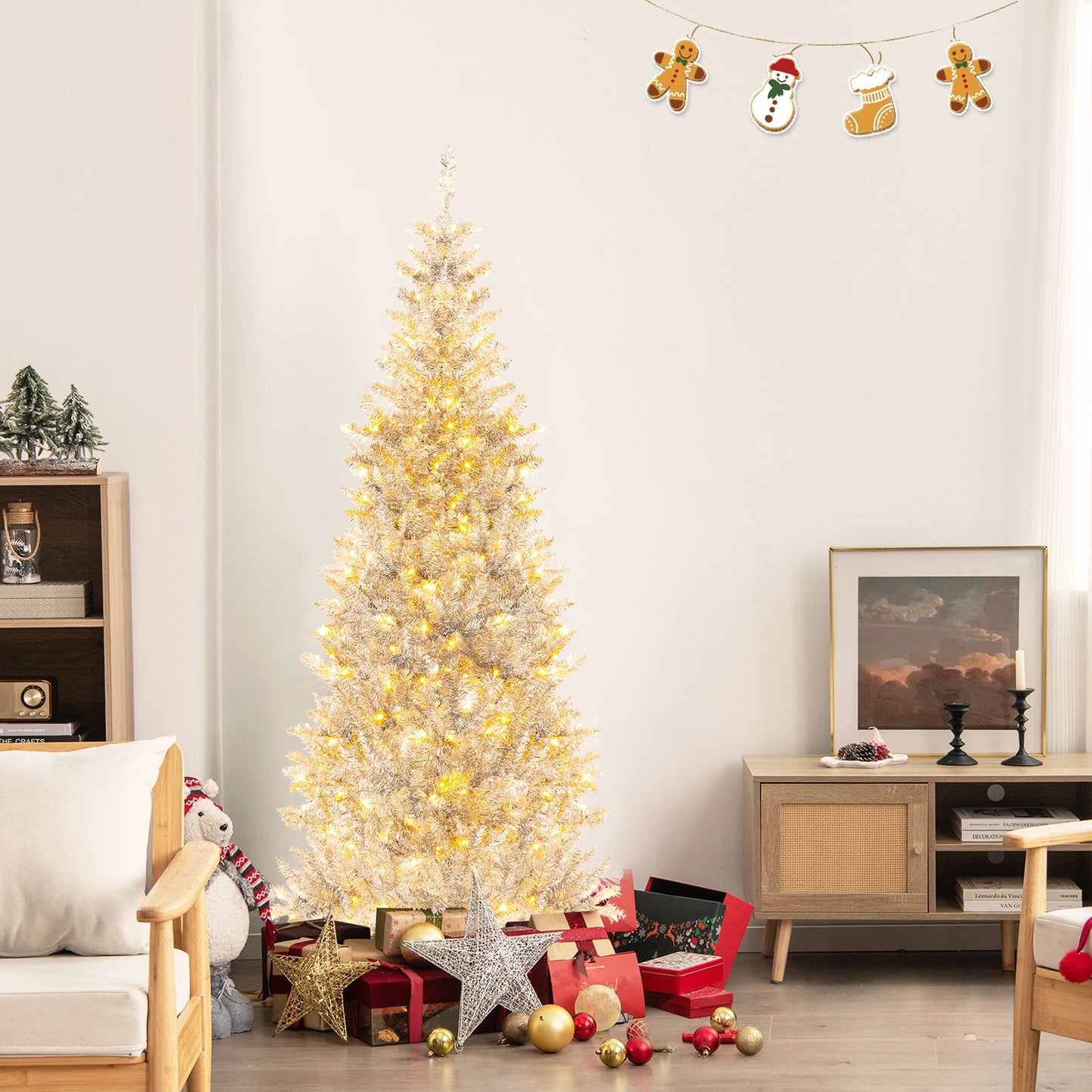 6/7 FT Pre-Lit Artificial Silver Tinsel Xmas Tree with 790 Branch Tips and 300 LED Lights-7 ft