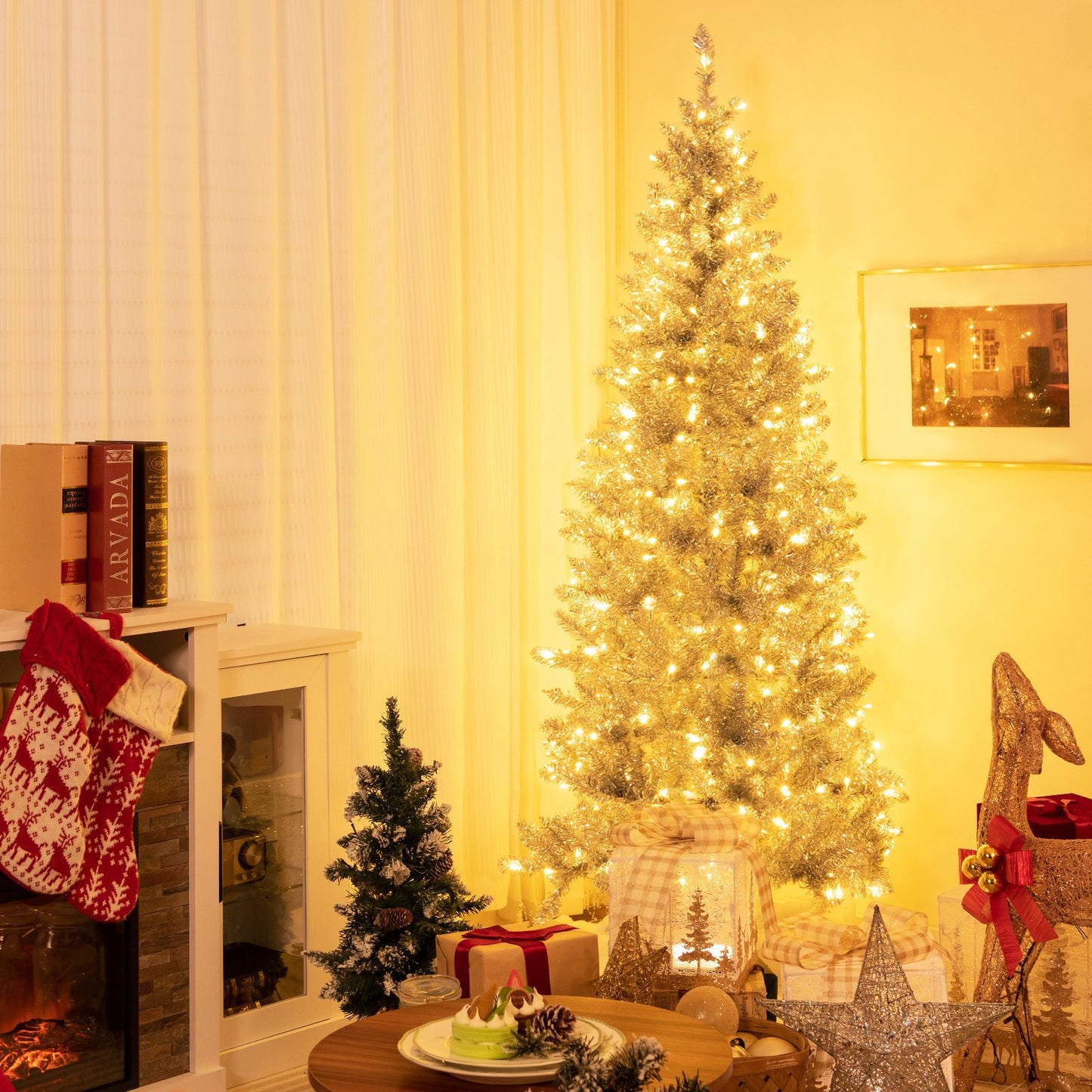 6/7 FT Pre-Lit Artificial Silver Tinsel Xmas Tree with 790 Branch Tips and 300 LED Lights-7 ft