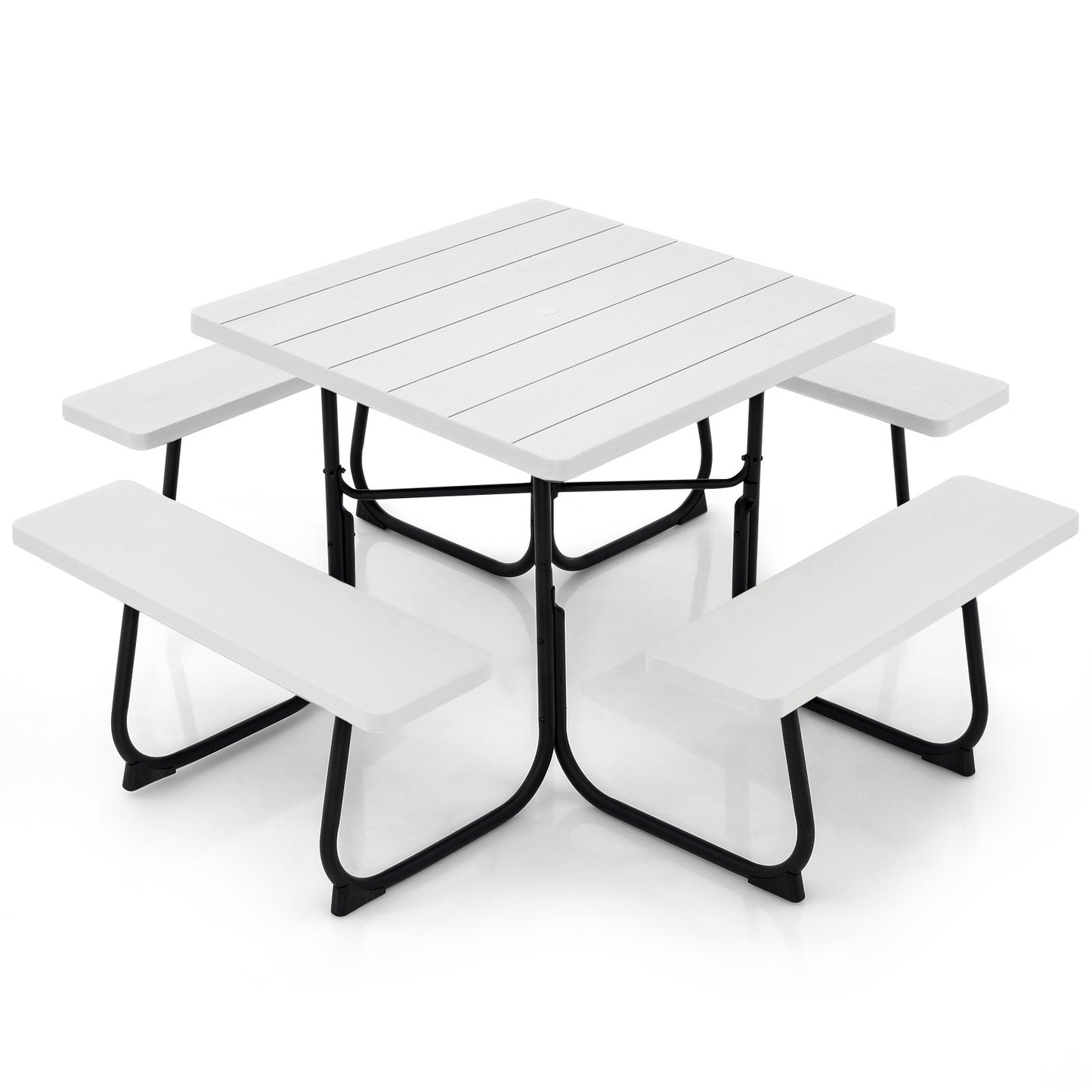 Outdoor Picnic Table with 4 Benches and Umbrella Hole-Black