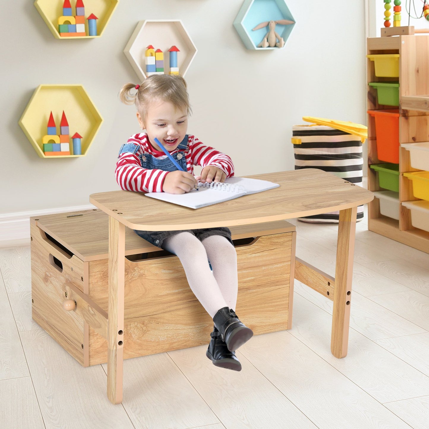 3-in-1 Kids Convertible Storage Bench Wood Activity Table and Chair Set-Gray