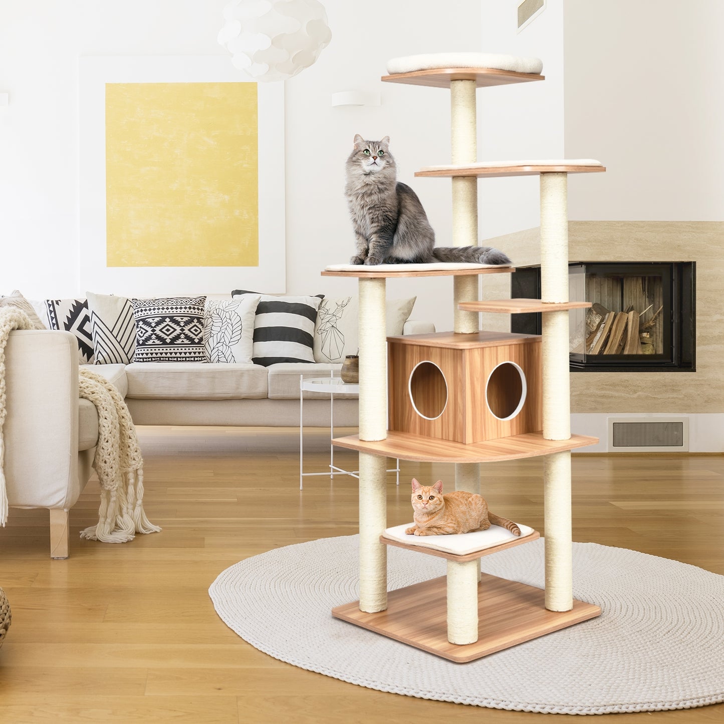 7-Layer Wooden Cat Tree Tall Cat Tower with Sisal Posts and Condo-Brown