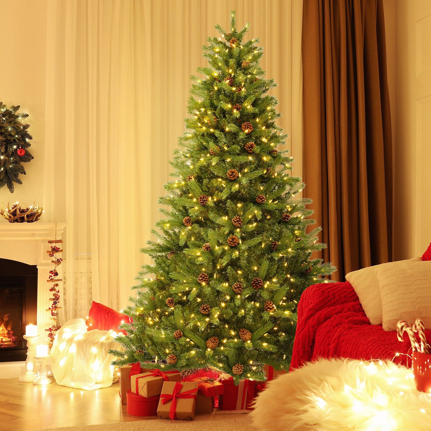 6/7 FT Artificial Christmas Tree with Pine Cones and Adjustable Brightness-6 ft