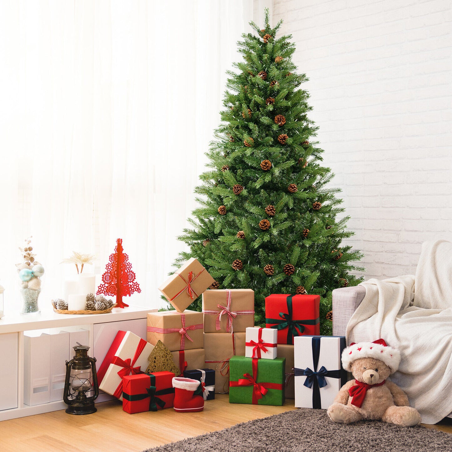 6/7 FT Artificial Christmas Tree with Pine Cones and Adjustable Brightness-6 ft
