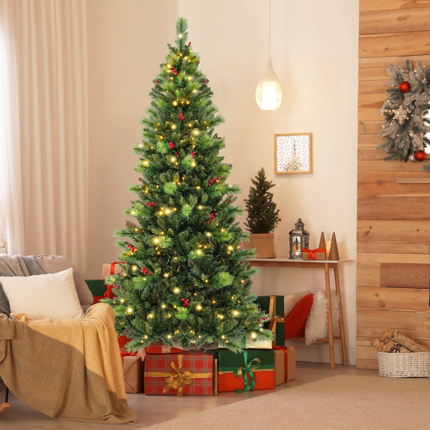 6/7/8 Feet Pre-Lit Artificial Christmas Tree with 300/400/500 LED Lights-6 ft