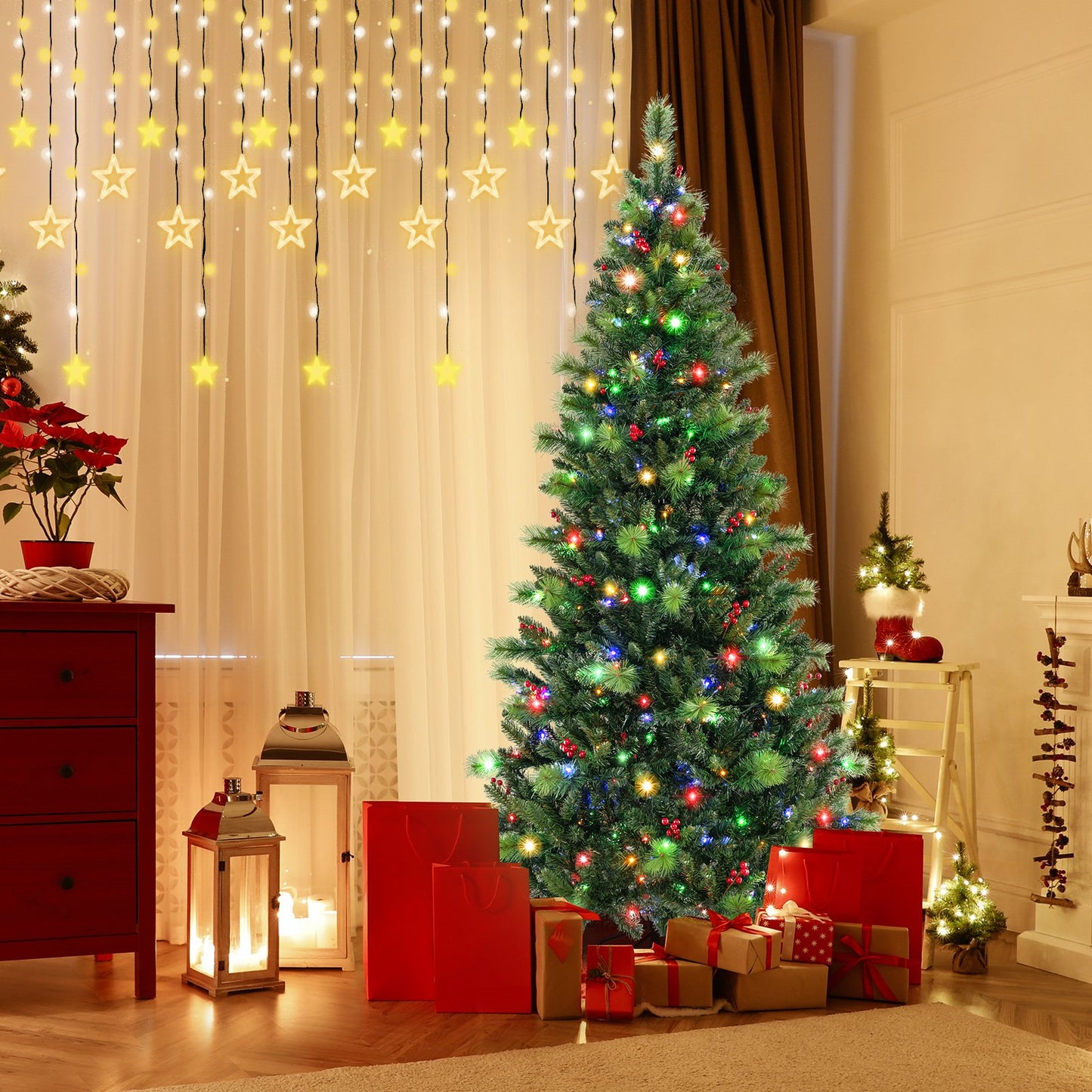 6/7/8 Feet Pre-Lit Artificial Christmas Tree with 300/400/500 LED Lights-6 ft