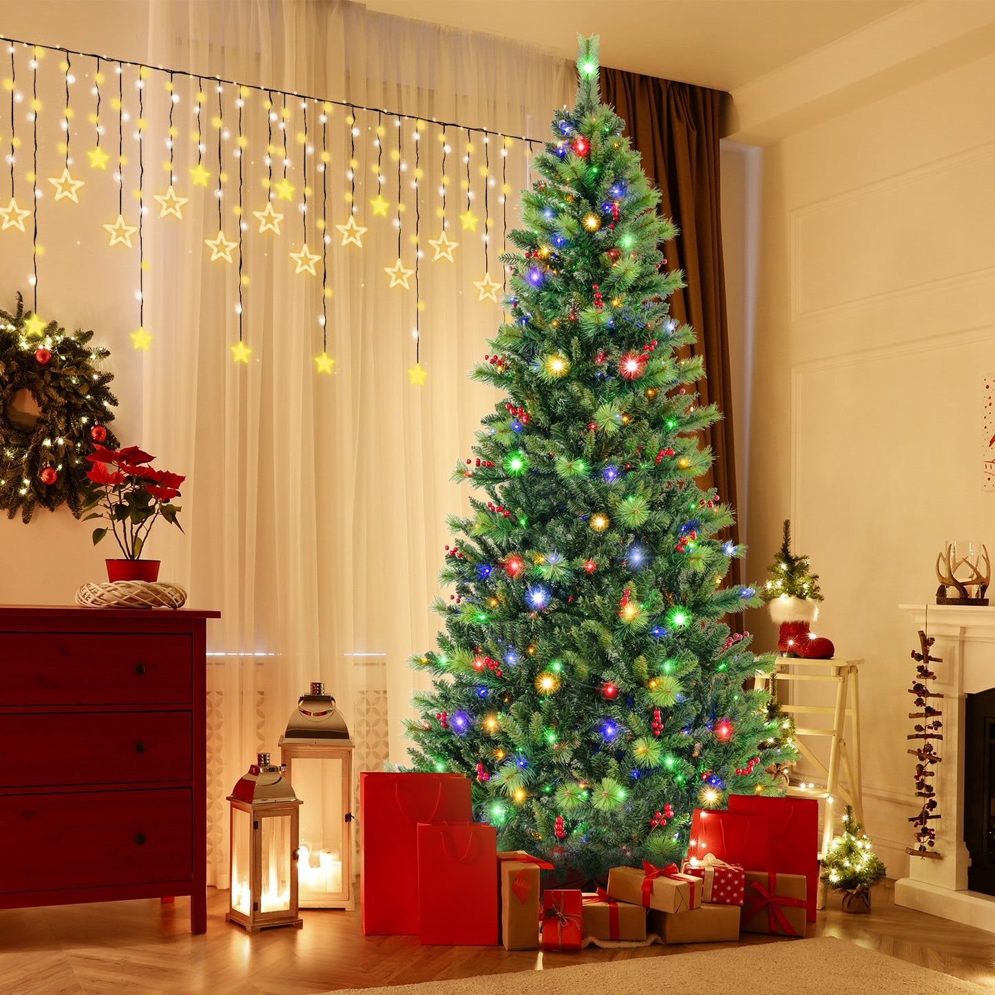 6/7/8 Feet Pre-Lit Artificial Christmas Tree with 300/400/500 LED Lights-6 ft