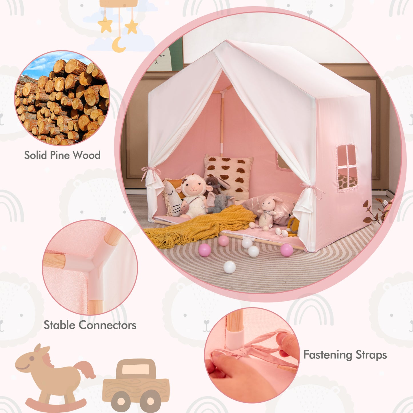 Kid's Play Tent with Washable Cotton Mat and Flag Banner-Pink