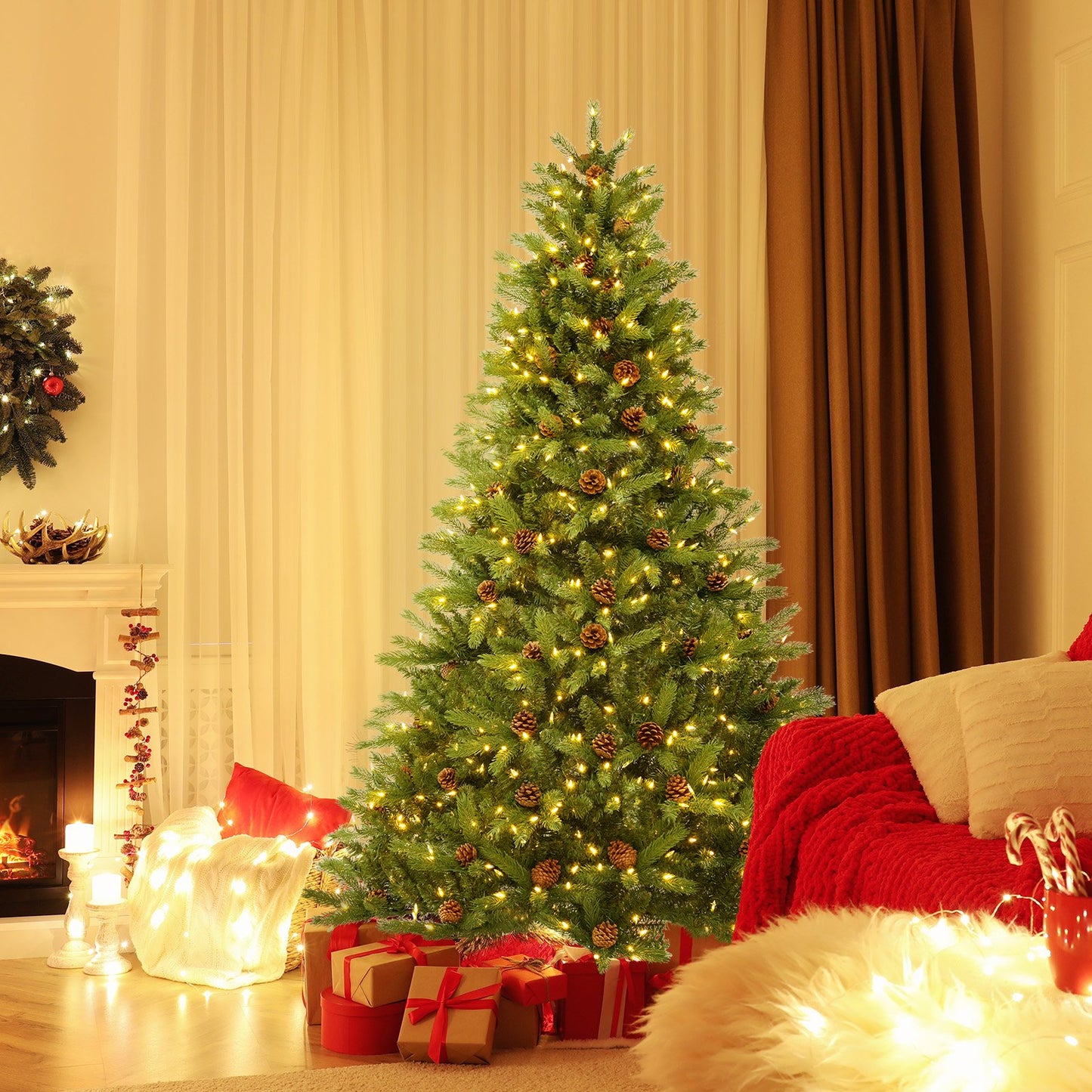 6/7 FT Artificial Christmas Tree with Pine Cones and Adjustable Brightness-6 ft