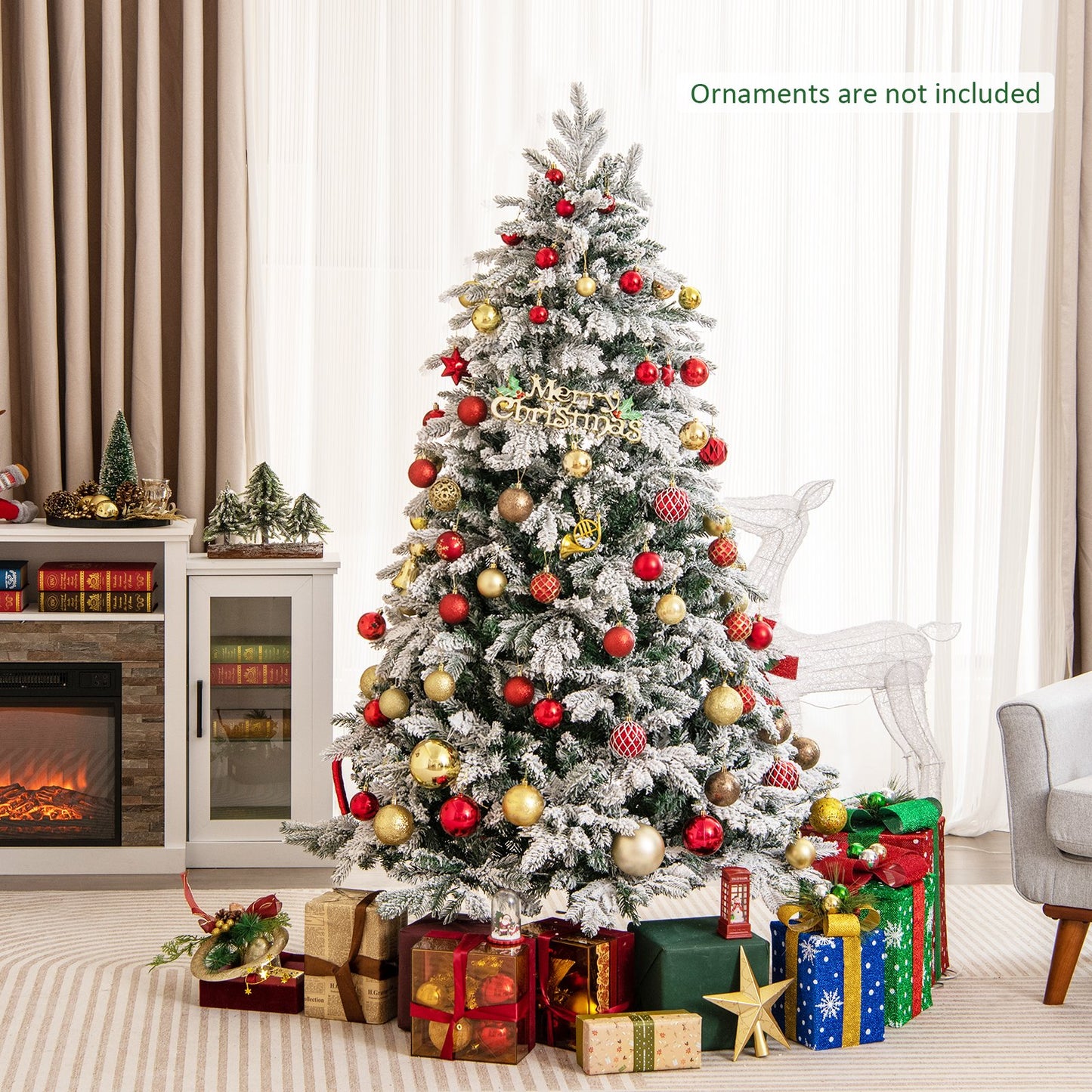 4.5/6/7 Feet Flocked Christmas Tree with Warm White LED Lights-7 ft