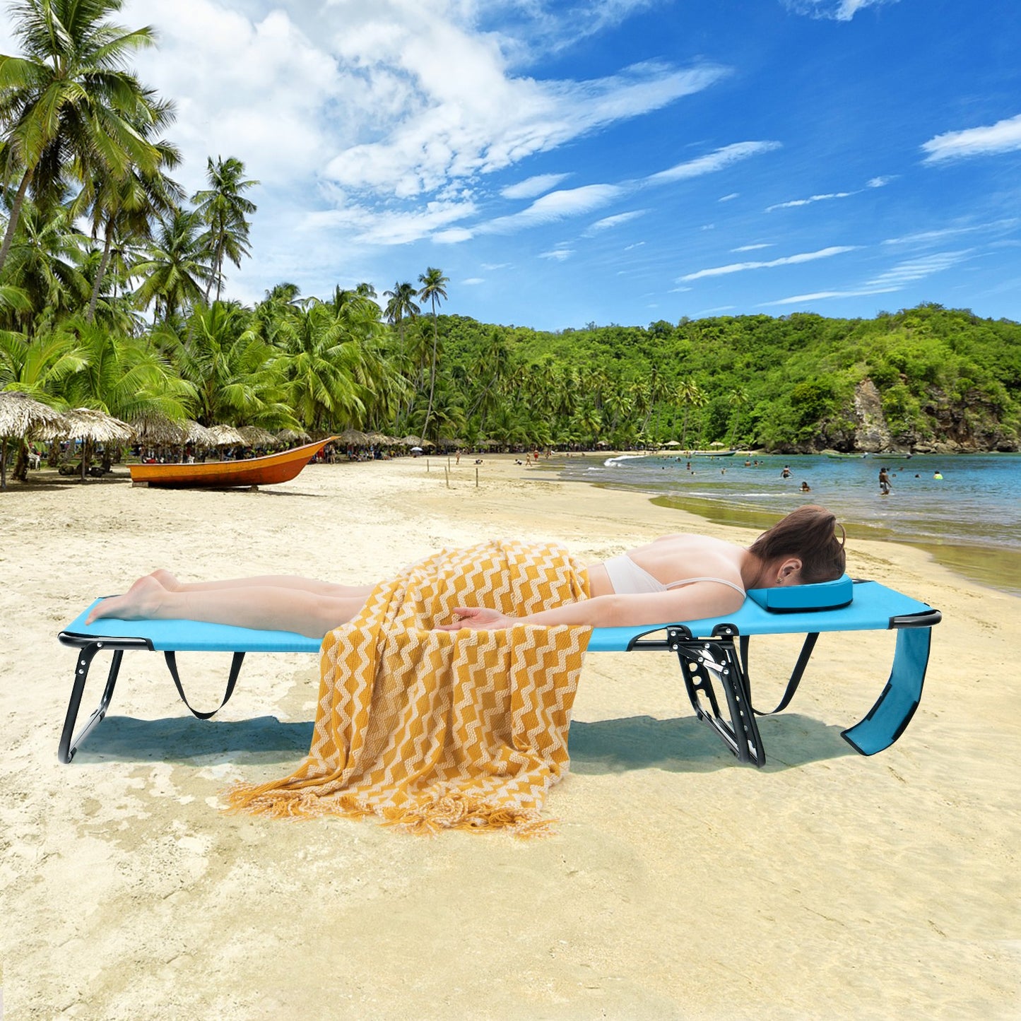 Beach Chaise Lounge Chair with Face Hole and Removable Pillow-Beige