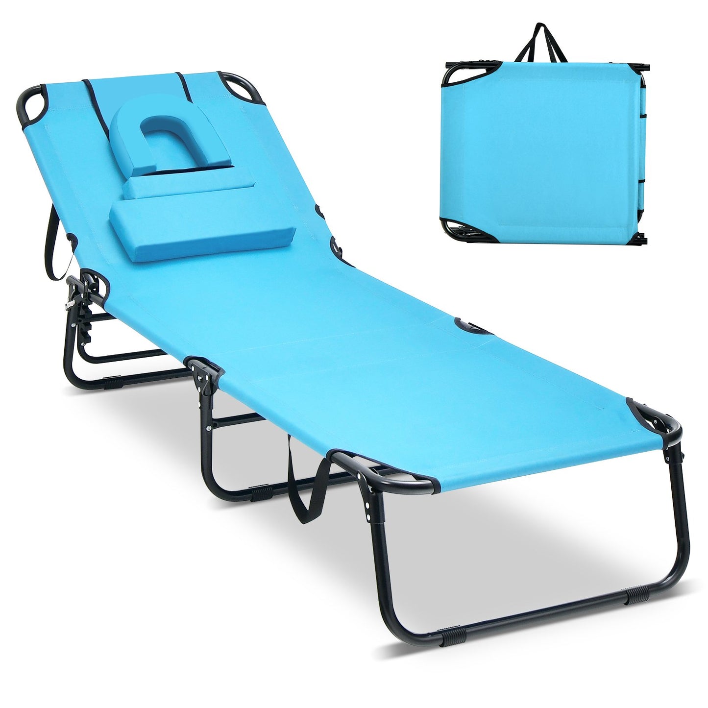 Beach Chaise Lounge Chair with Face Hole and Removable Pillow-Beige