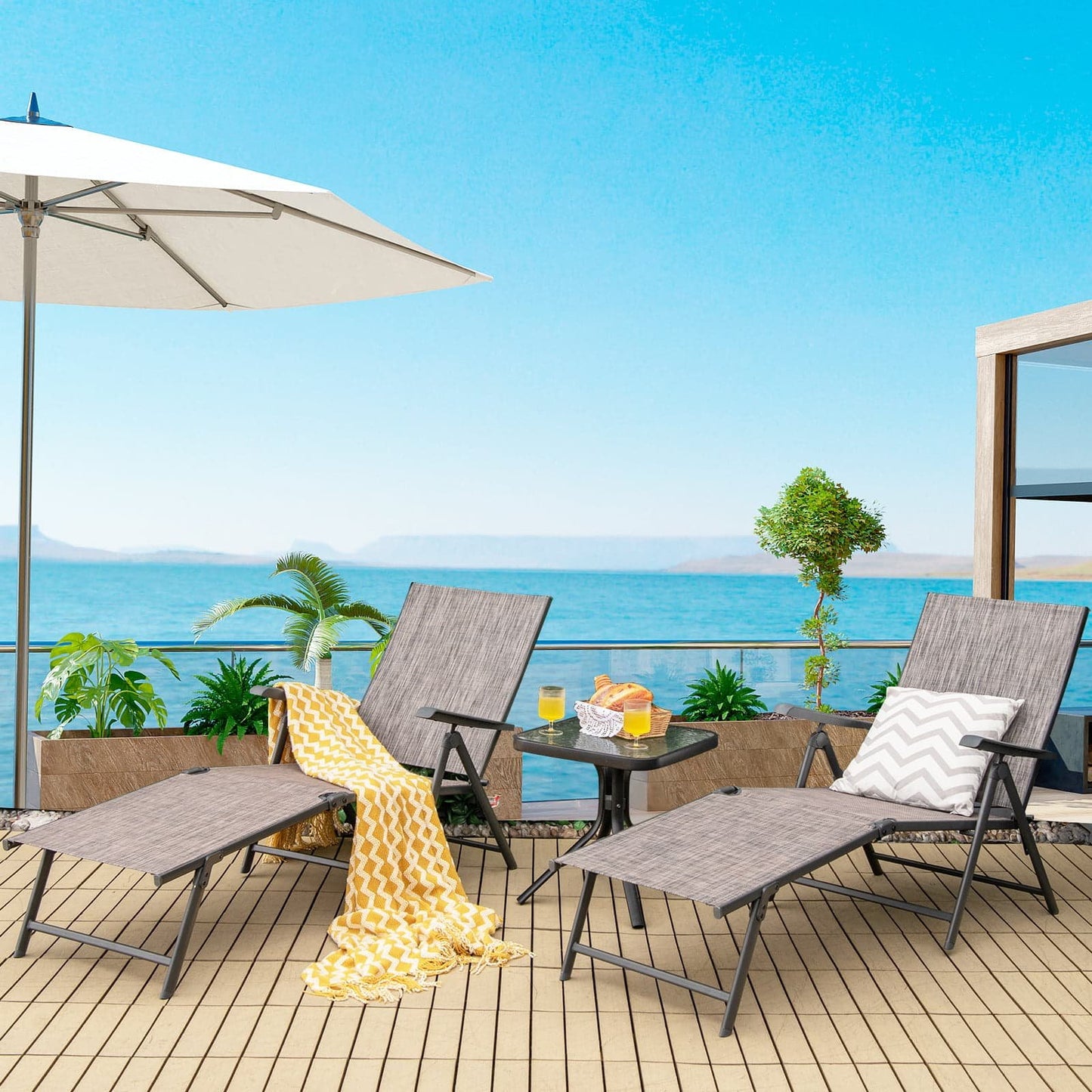 2 Pieces Foldable Chaise Lounge Chair with 2-Position Footrest-Black