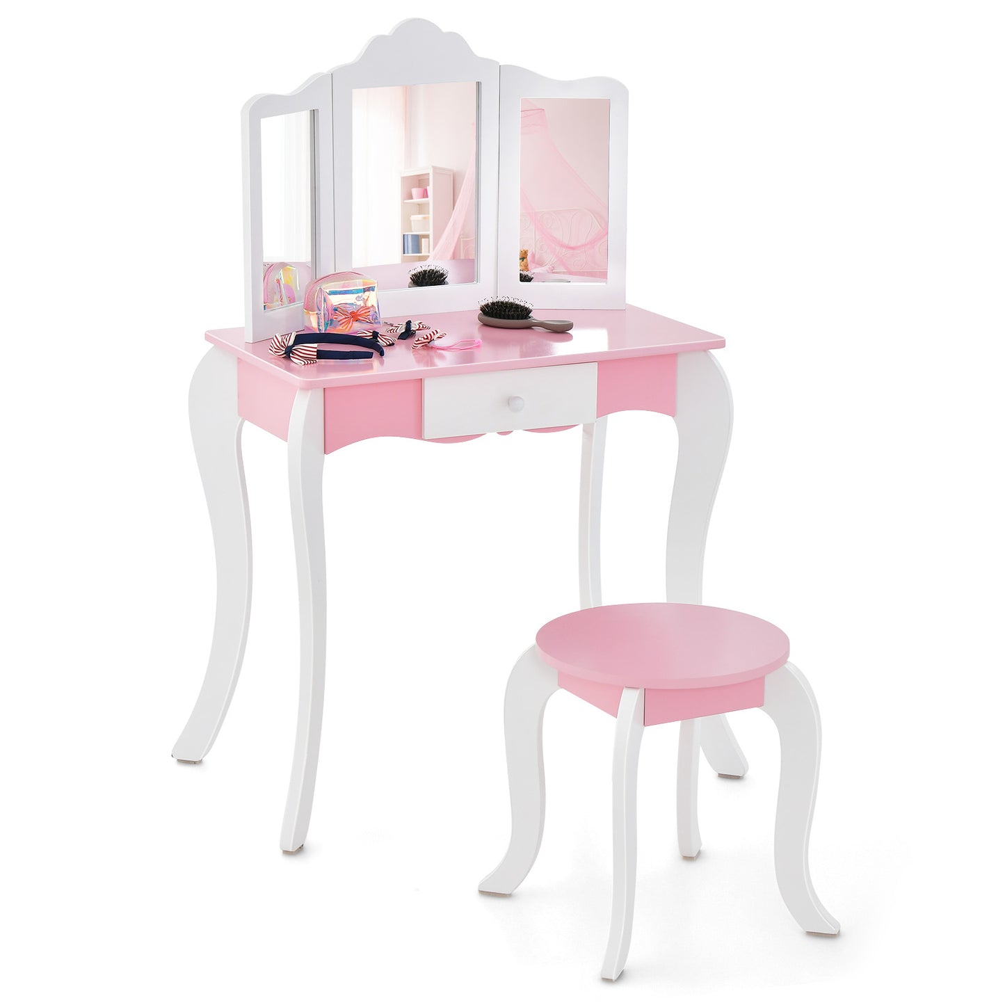 Kid's Wooden Vanity Table and Stool Set with 3-Panel Acrylic Mirror-White
