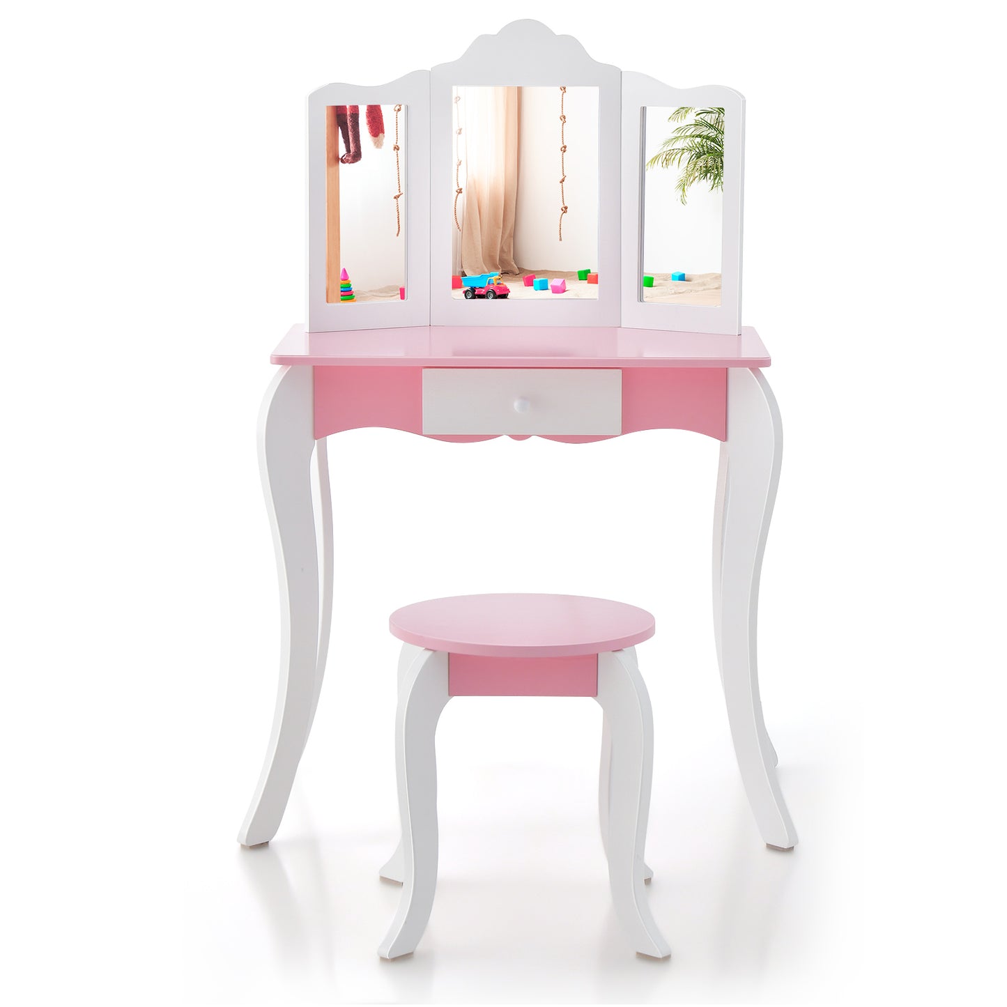Kid's Wooden Vanity Table and Stool Set with 3-Panel Acrylic Mirror-White