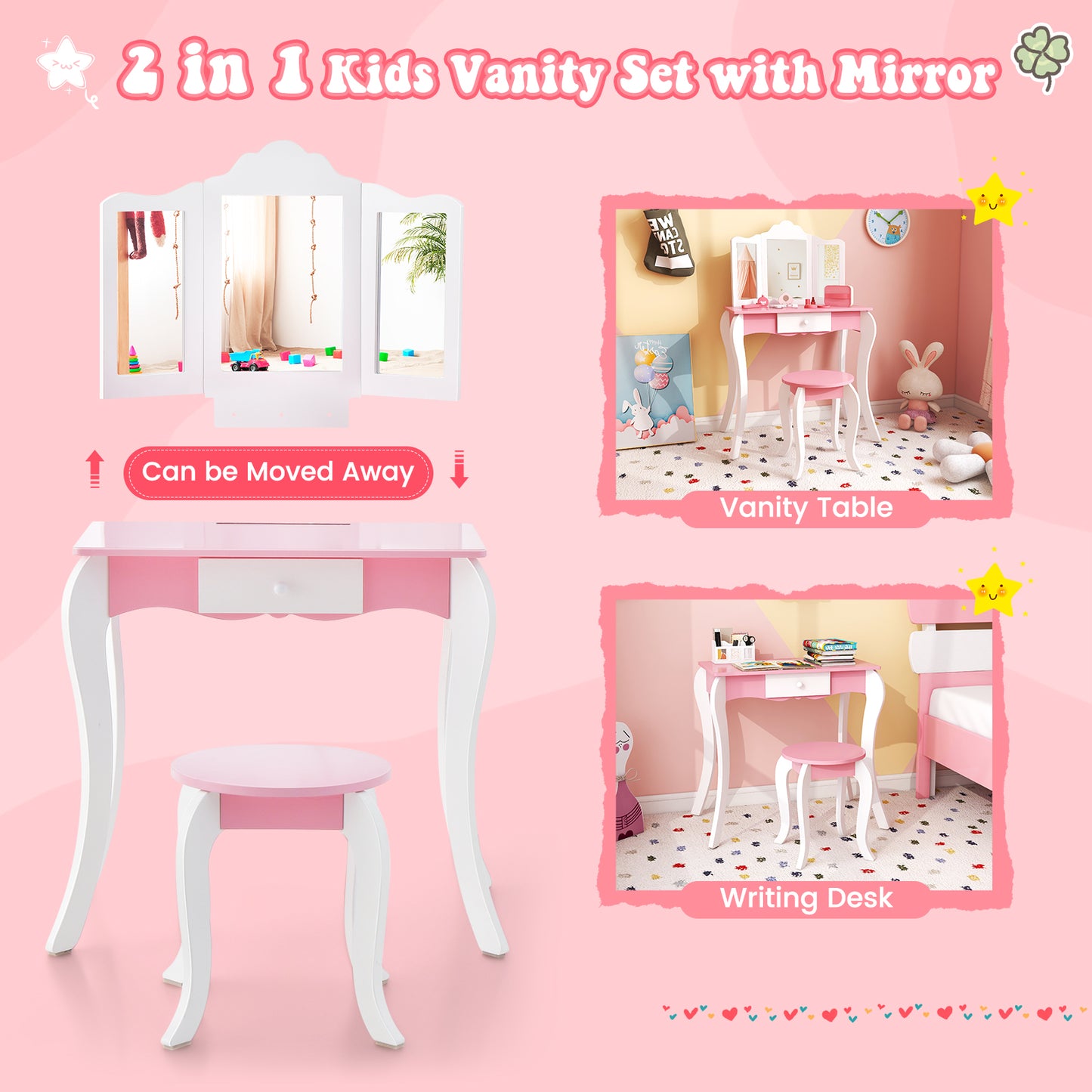 Kid's Wooden Vanity Table and Stool Set with 3-Panel Acrylic Mirror-White