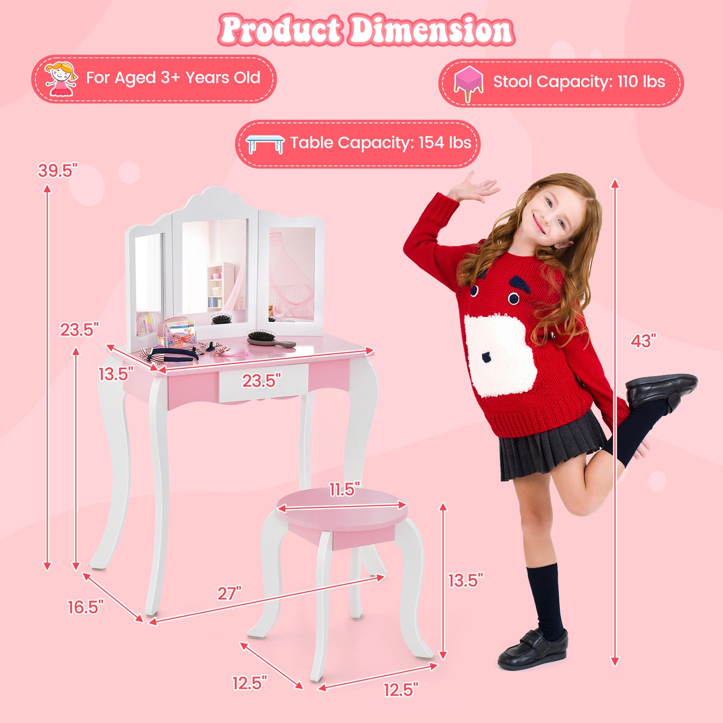 Kid's Wooden Vanity Table and Stool Set with 3-Panel Acrylic Mirror-White
