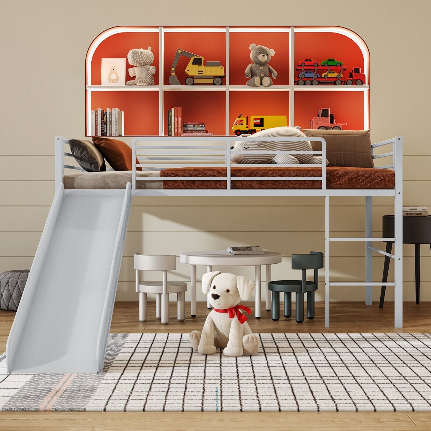 Twin Metal Loft Bed with Slide with Safety Guardrails and Built-in Ladder-Black