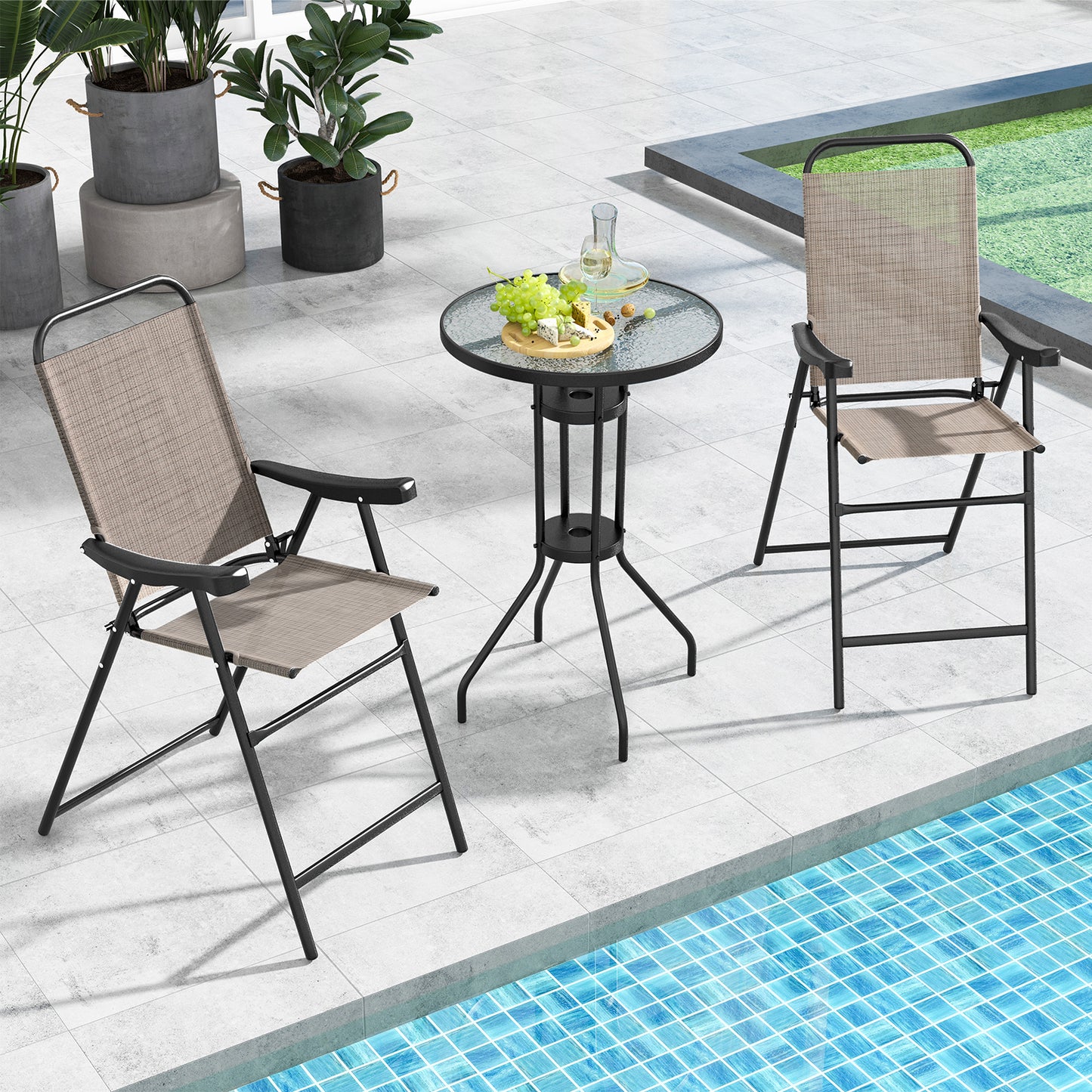 Patio Folding Bar Stool Set of 2 with Metal Frame and Footrest-Blue