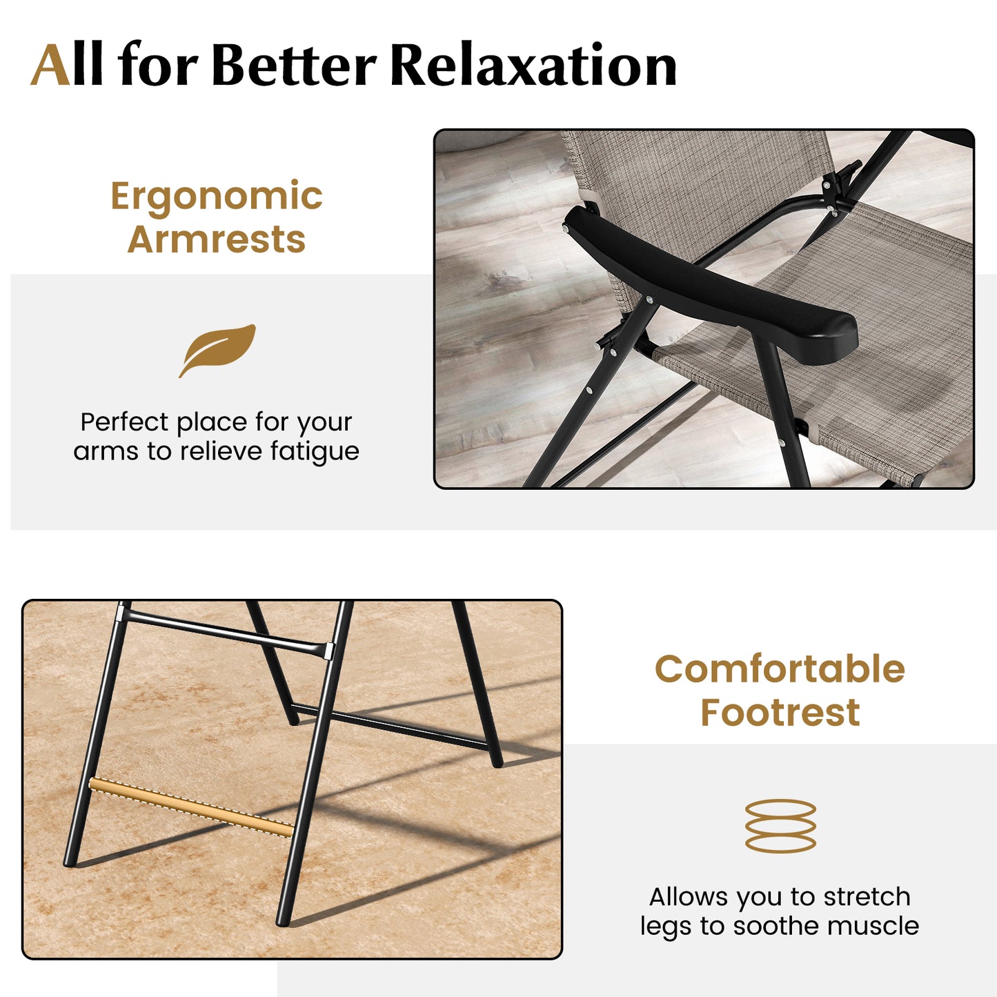 Patio Folding Bar Stool Set of 2 with Metal Frame and Footrest-Coffee