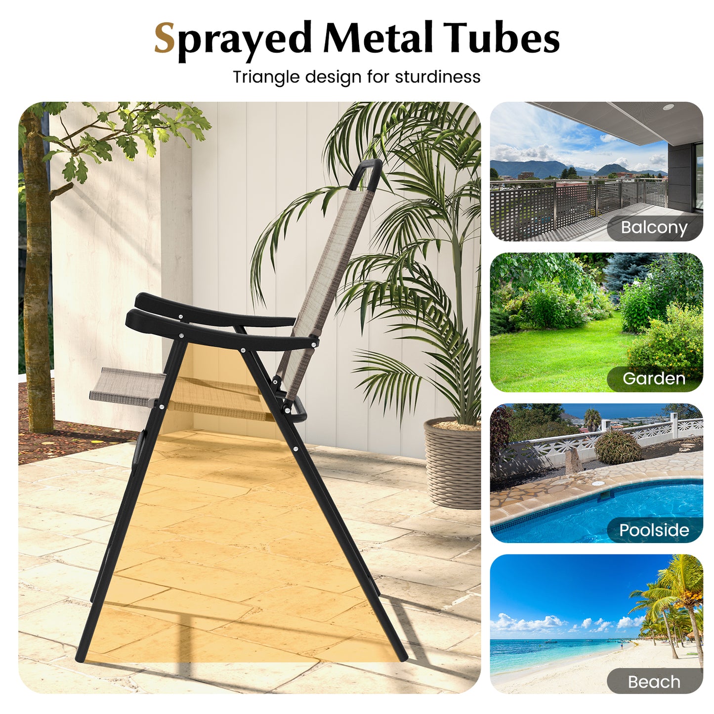 Patio Folding Bar Stool Set of 2 with Metal Frame and Footrest-Coffee