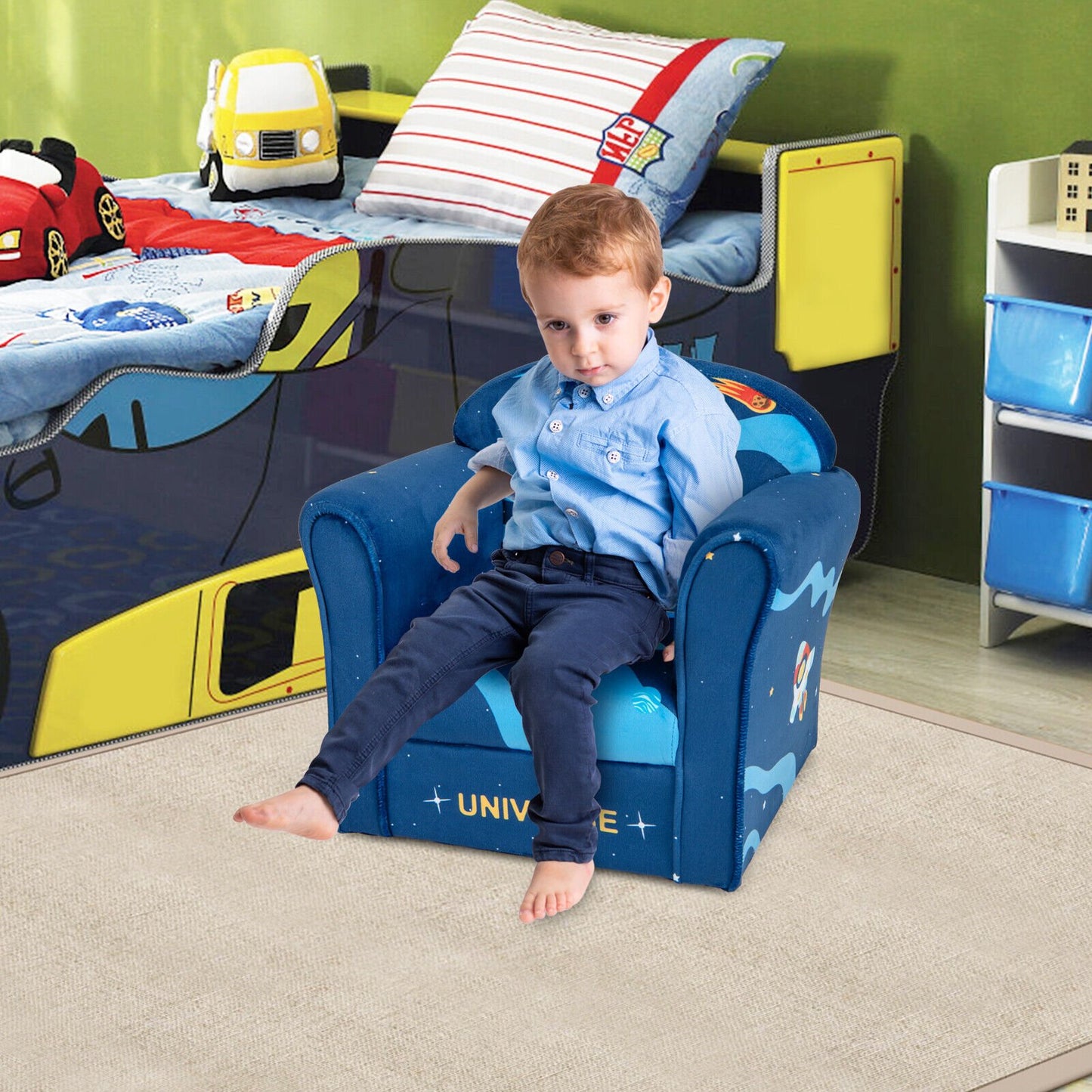 Toddler Upholstered Armchair with Solid Wooden Frame and High-density Sponge Filling-Blue