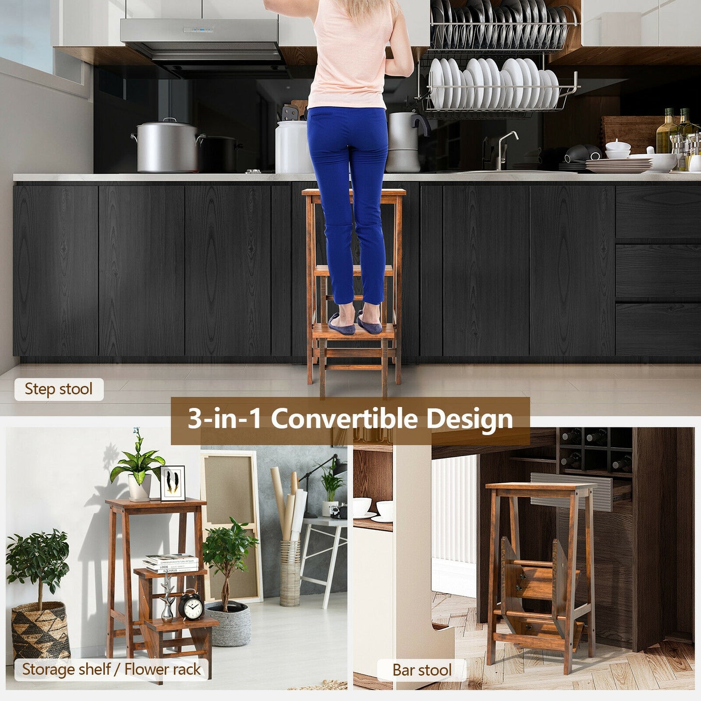3-in-1 Rubber Wood 3 Tier Folding Step Stool Ladder Storage Shelf-Brown