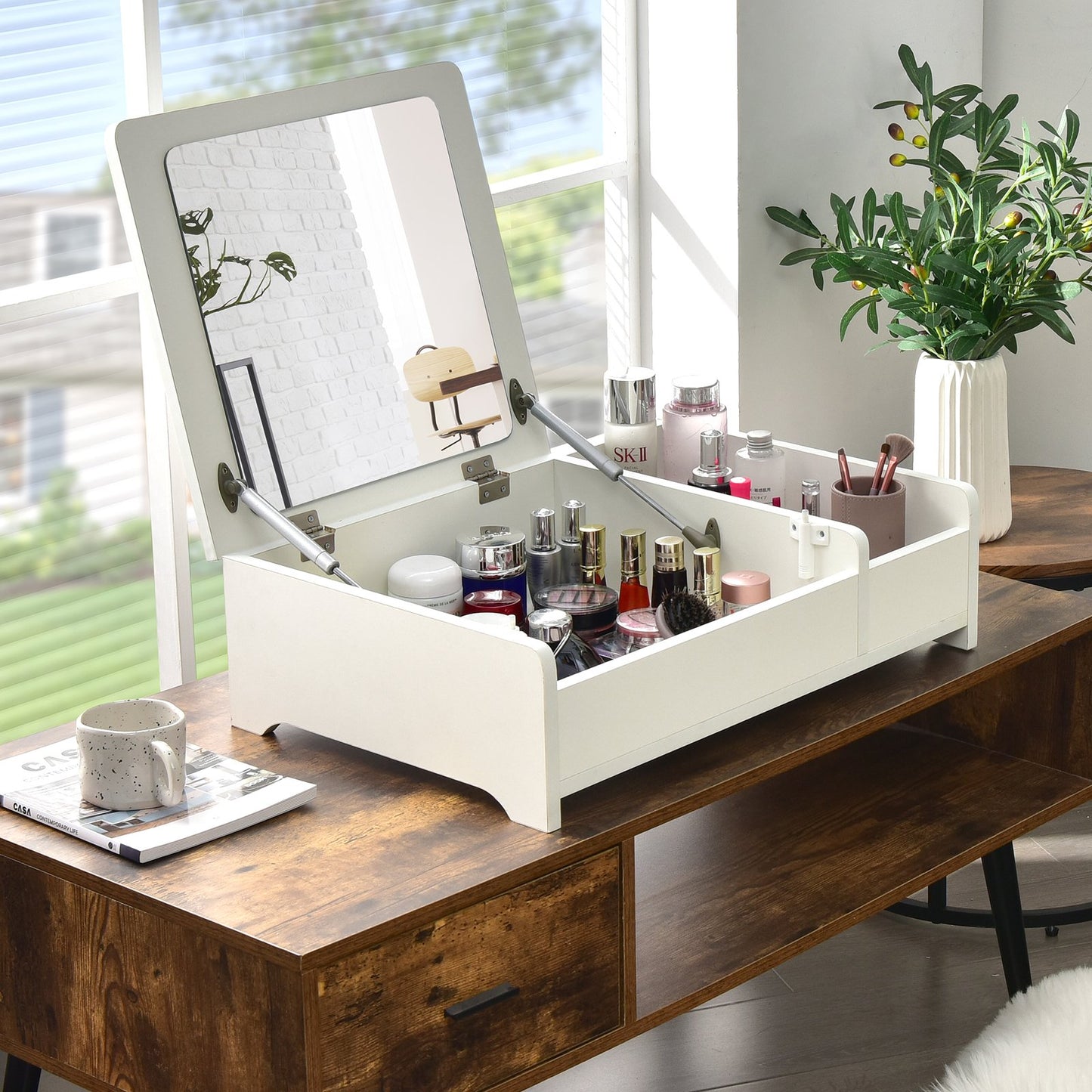 Compact Bay Window Makeup Dressing Table with Flip-Top Mirror-Black
