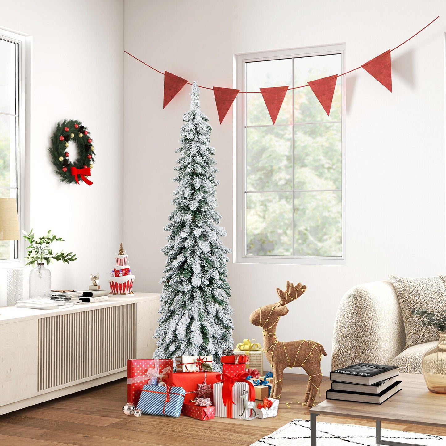 4/5/6 Feet Pre-Lit Artificial Christmas Tree Snow-Flocked Slim Pencil Xmas Decor-6 ft